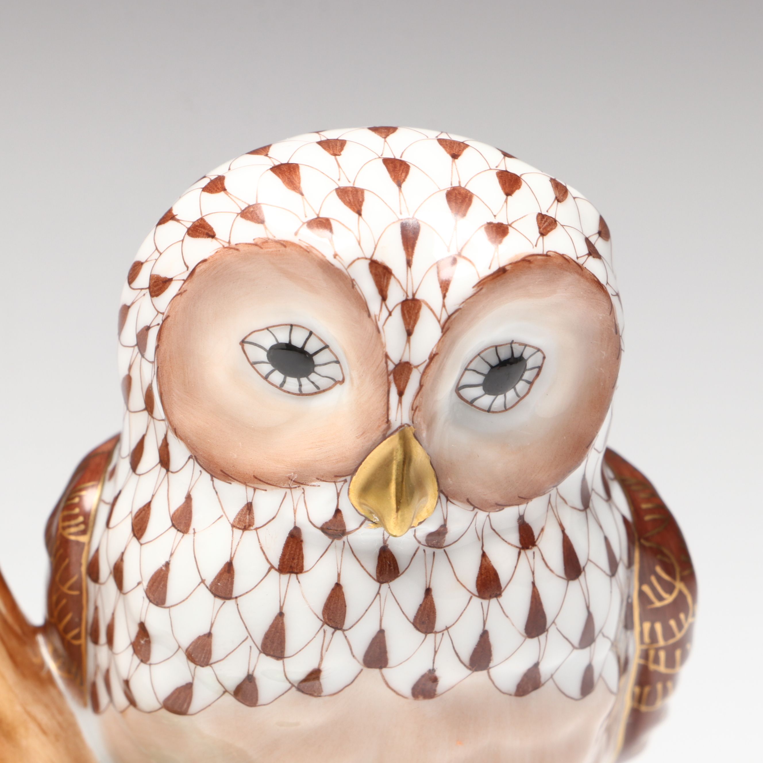 Herend Chocolate Fishnet with Gold “Night Owl” Porcelain Figurine