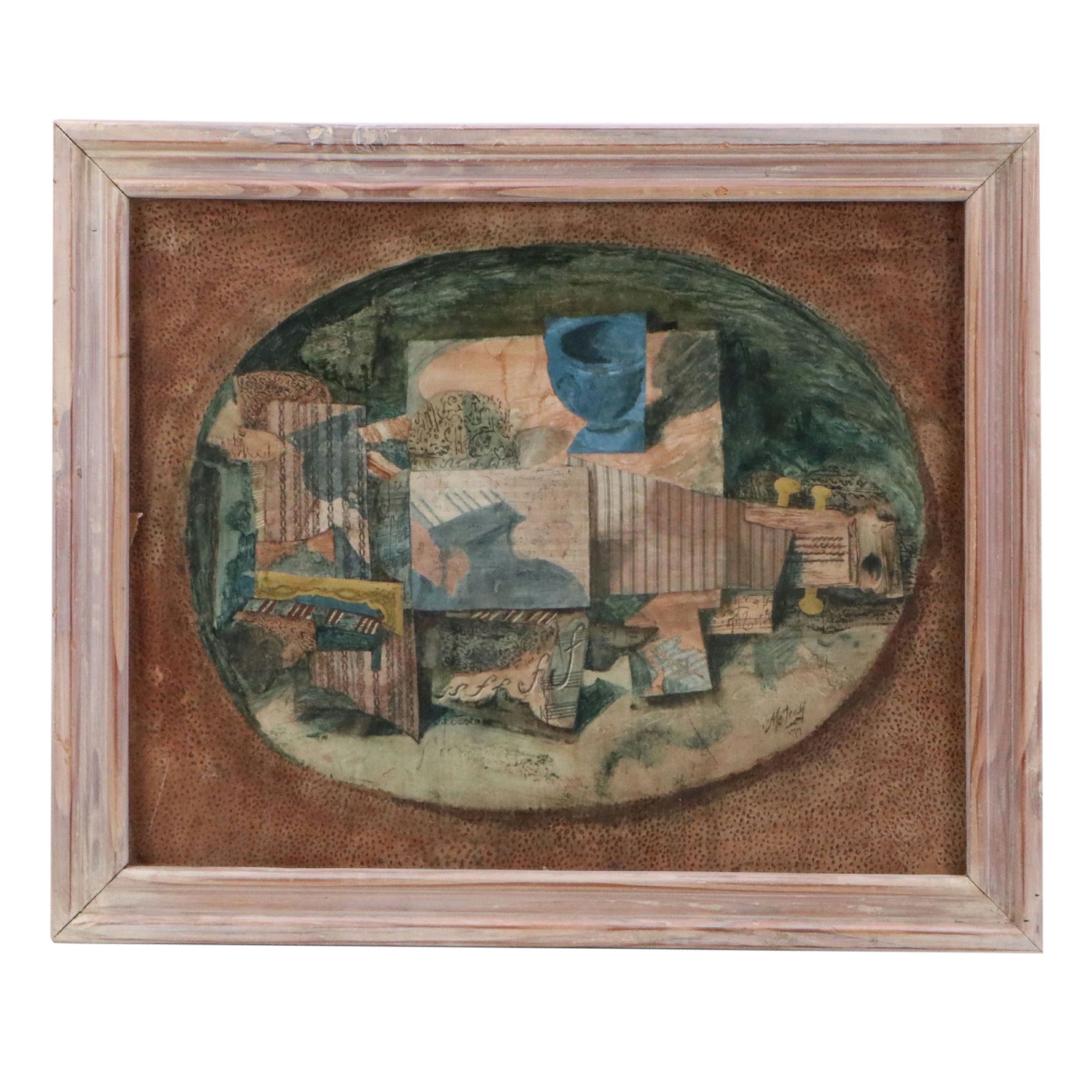 Watercolor Collage with Scrap Fabric, Wallpaper and Sheet Music, 1970