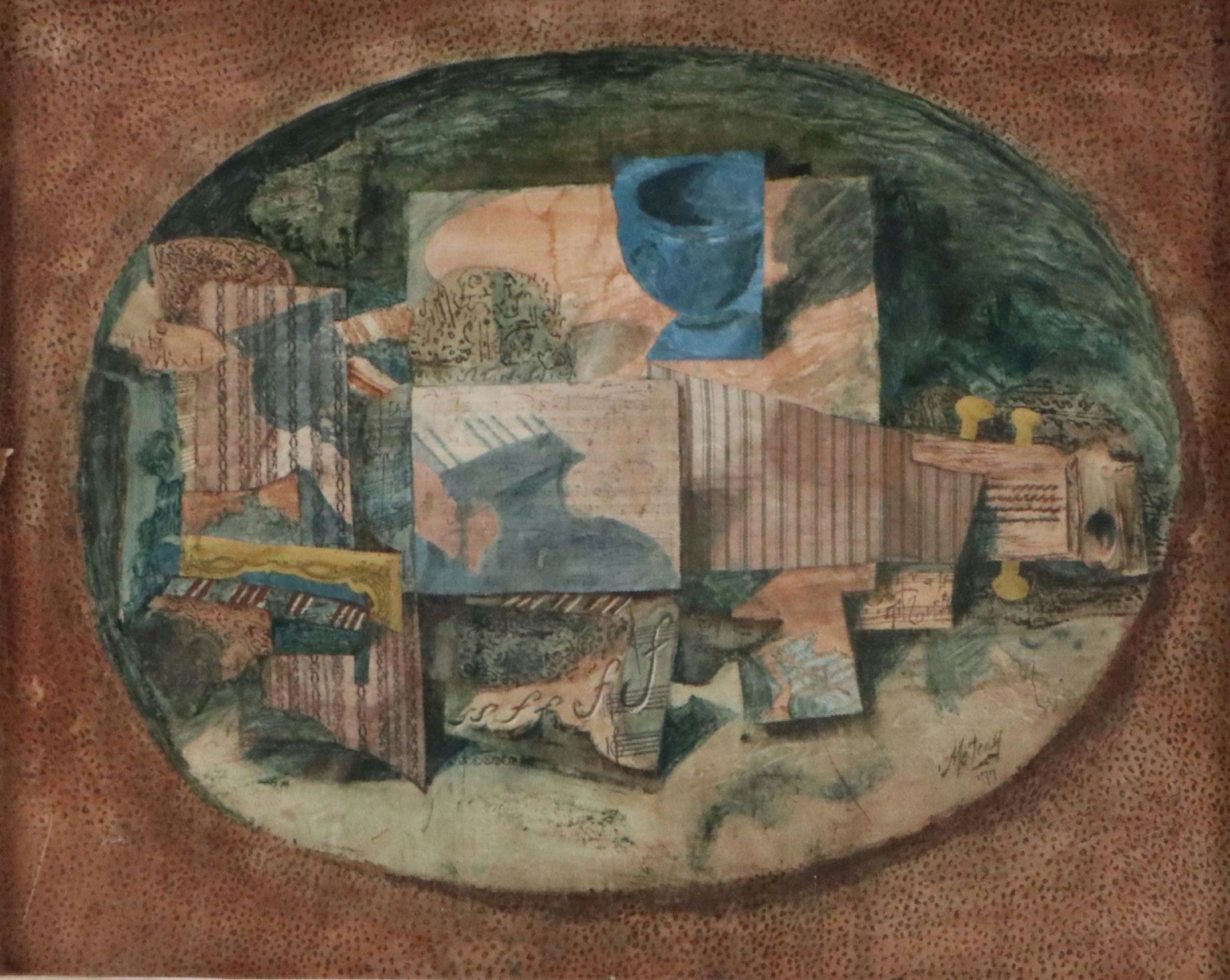 Watercolor Collage with Scrap Fabric, Wallpaper and Sheet Music, 1970