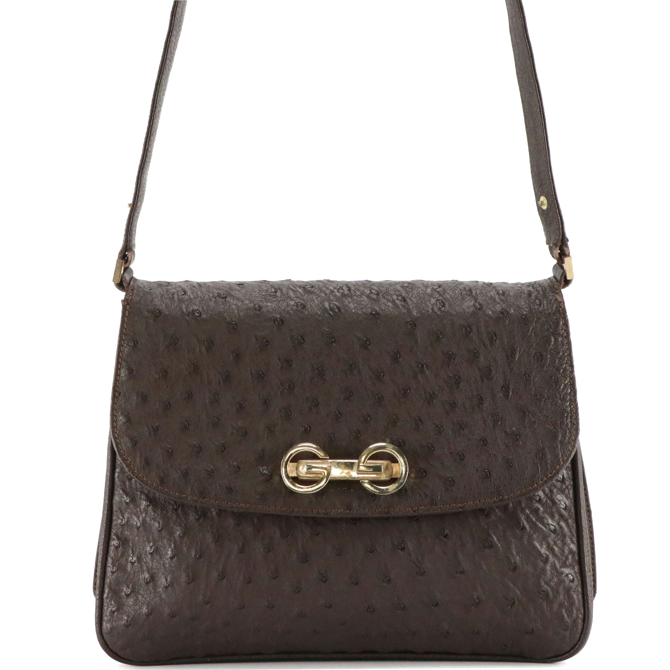 Gucci Interlocking GG Shoulder Bag in Dark Brown Ostrich Leather, 1960s