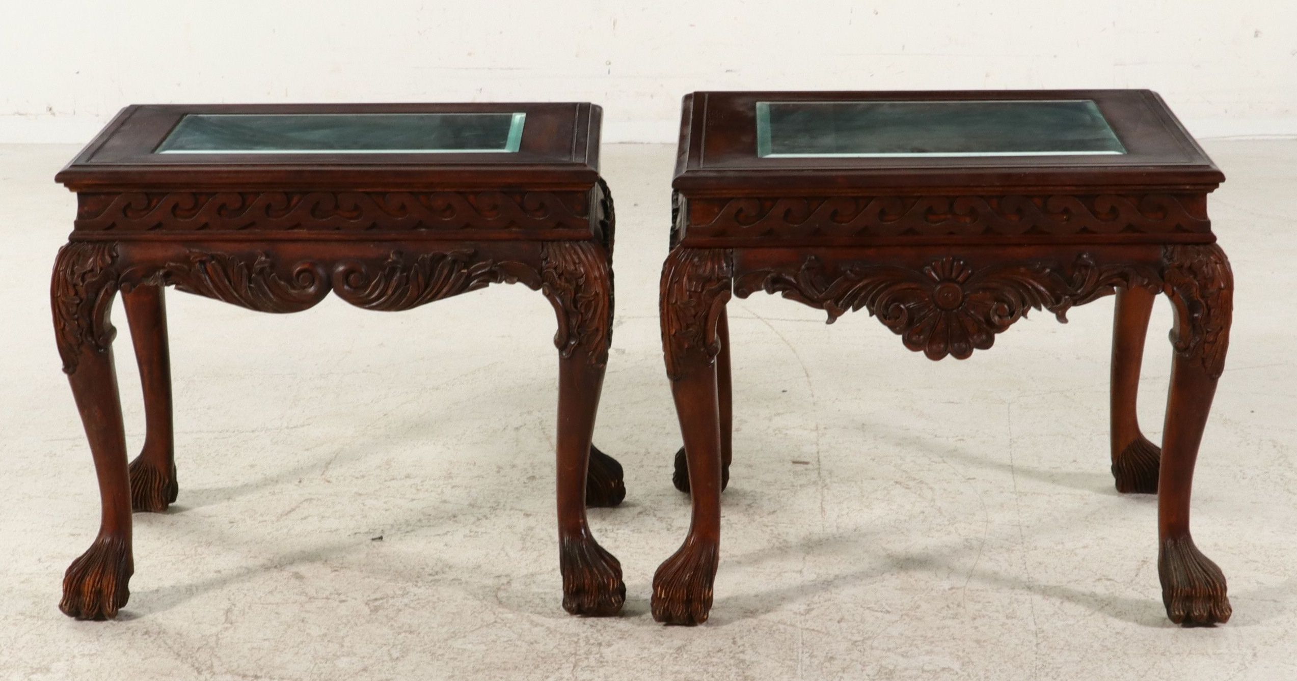 Pair of Chippendale Style Carved Mahogany Glass-Top Side Tables, Late 20th C.