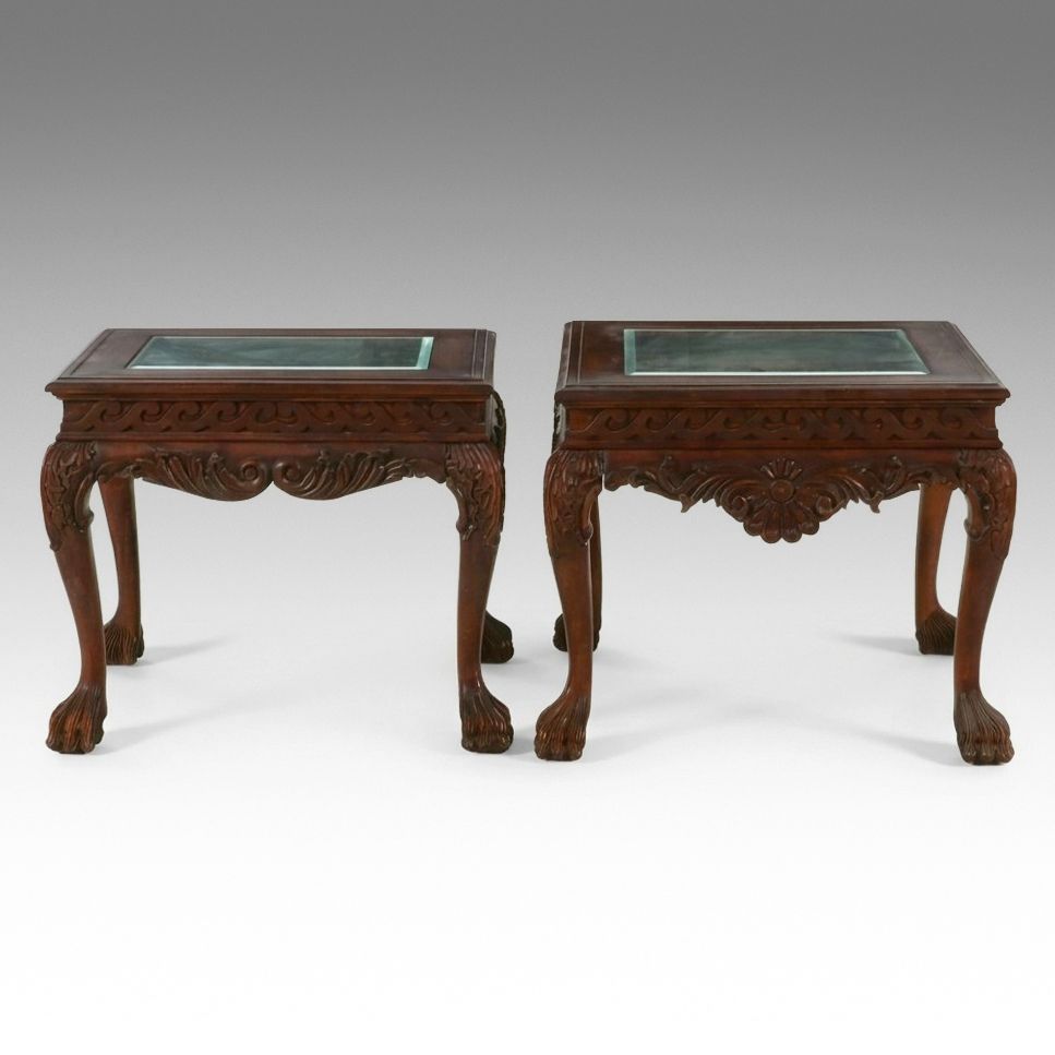 Pair of Chippendale Style Carved Mahogany Glass-Top Side Tables, Late 20th C.