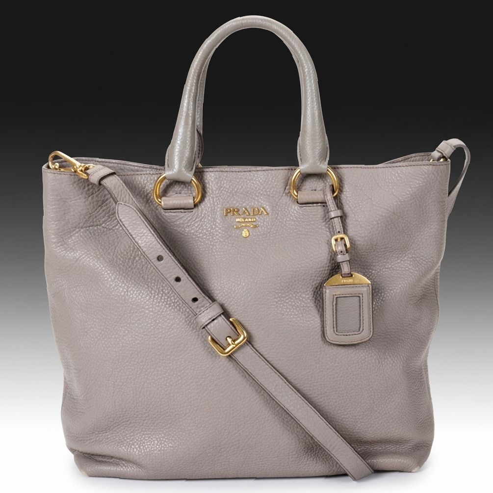 Prada Vitello Daino Two-Way Shopper Tote in Gray Pebbled Leather