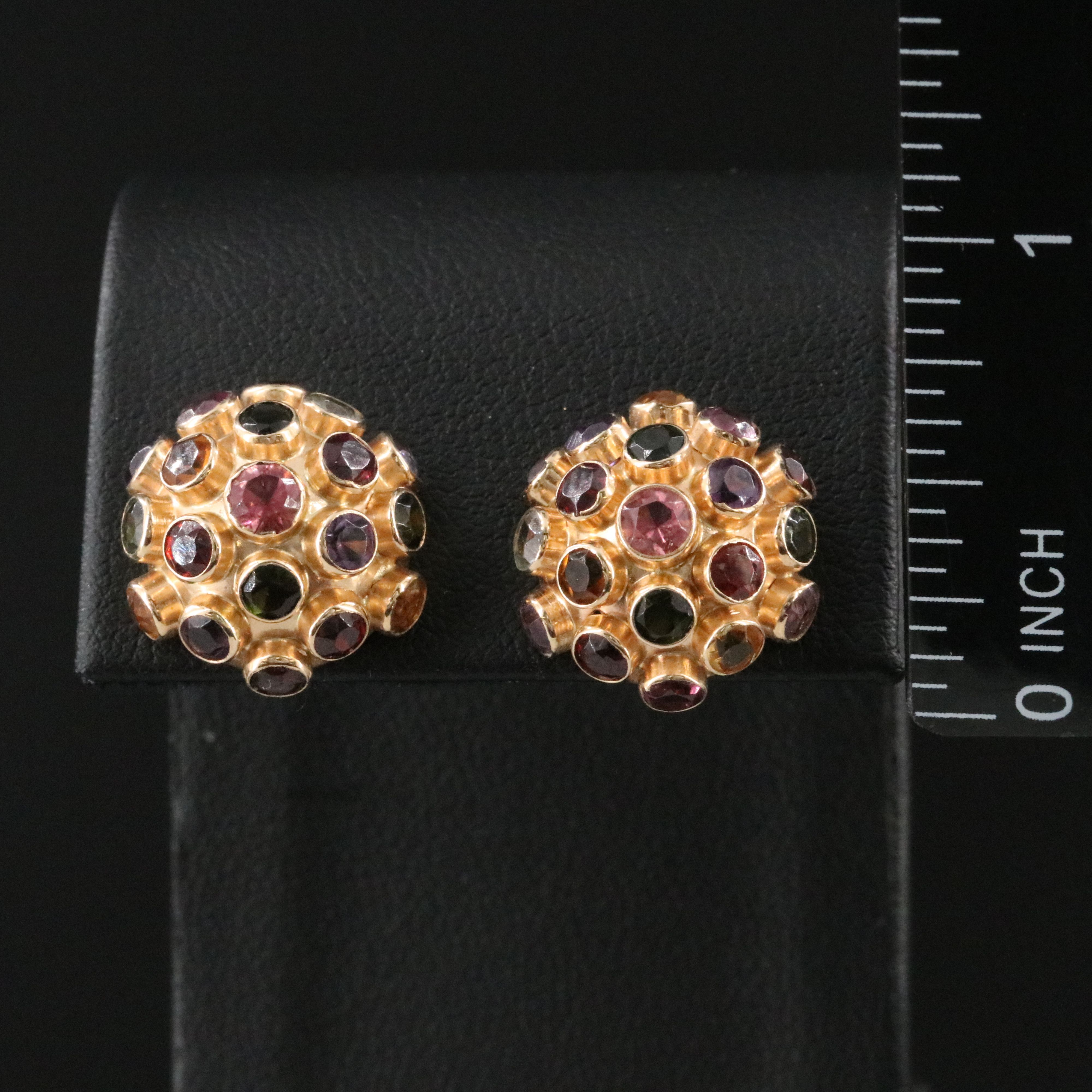 Vintage 14K Sputnick Button Earrings ft. Aquamarine, Garnet, and Other Gemstones