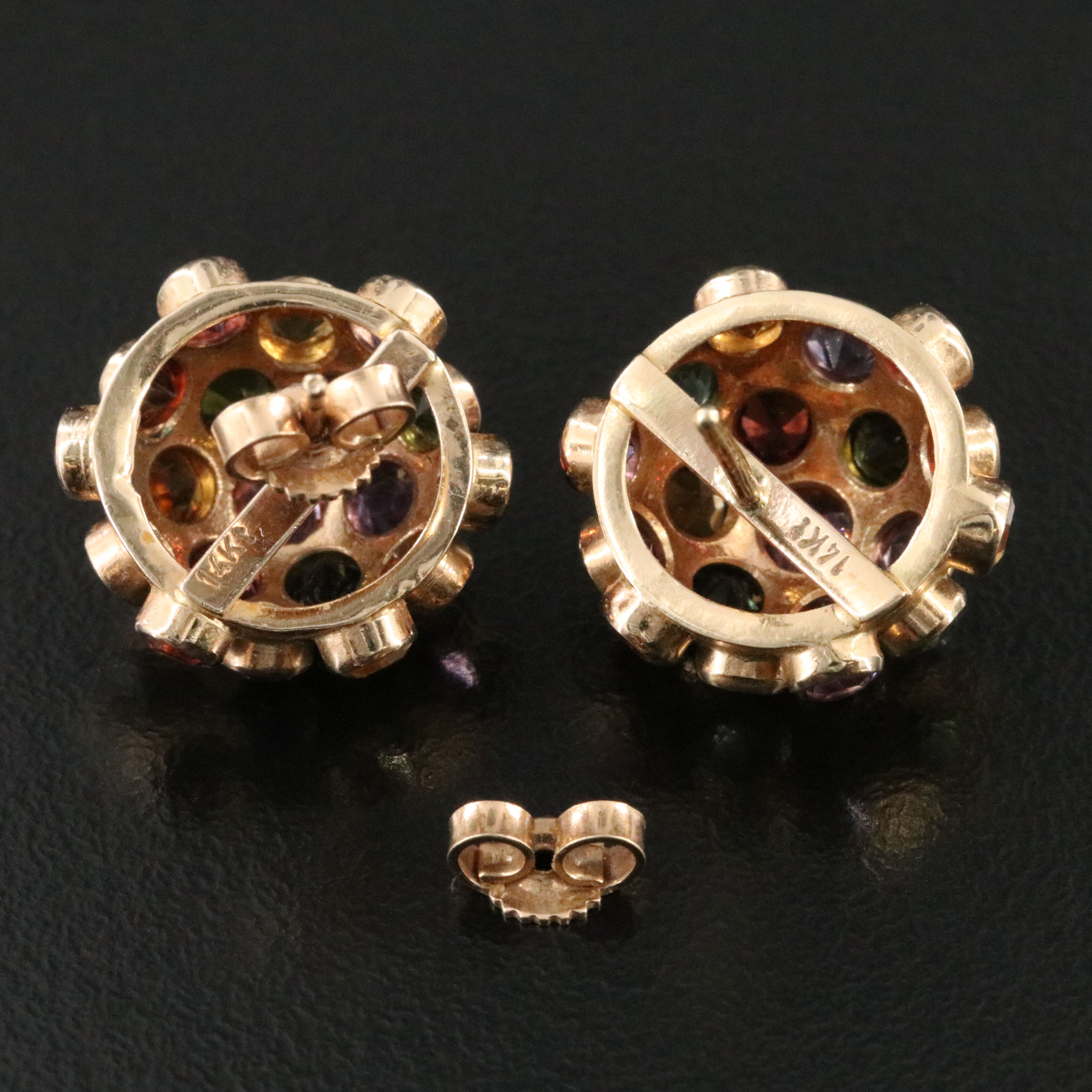 Vintage 14K Sputnick Button Earrings ft. Aquamarine, Garnet, and Other Gemstones