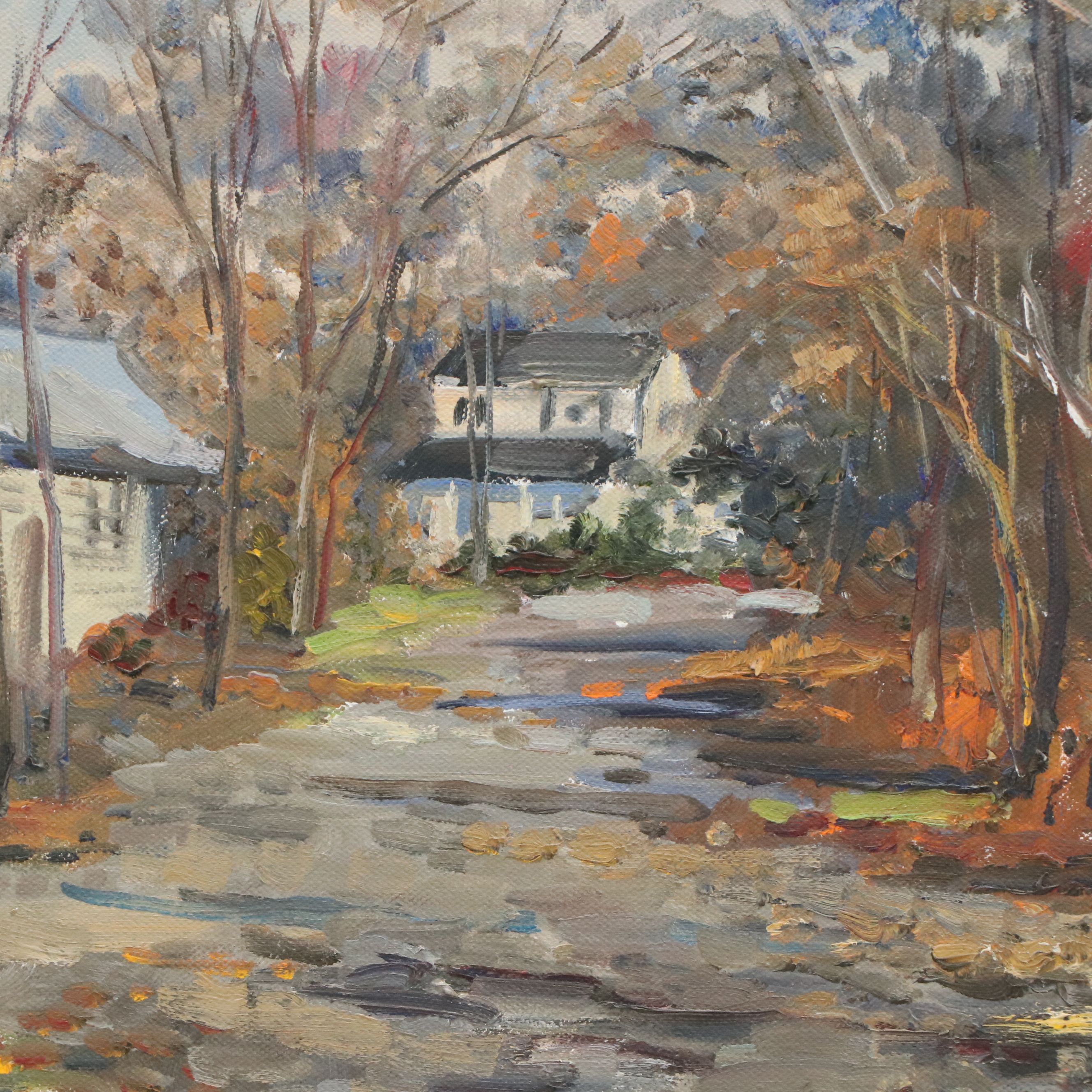 Luis Hourgras Oil Painting of Autumn Street, 1981