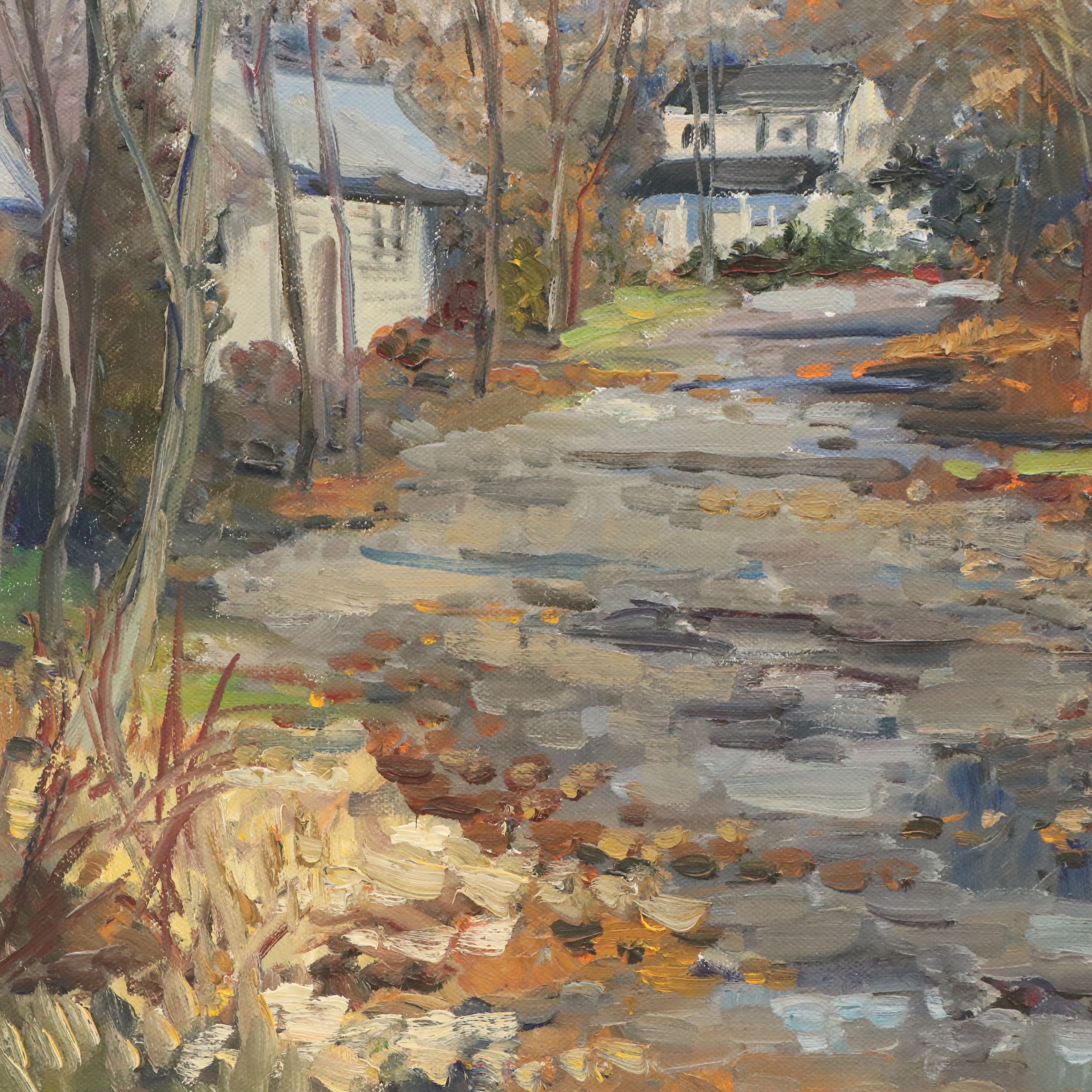 Luis Hourgras Oil Painting of Autumn Street, 1981