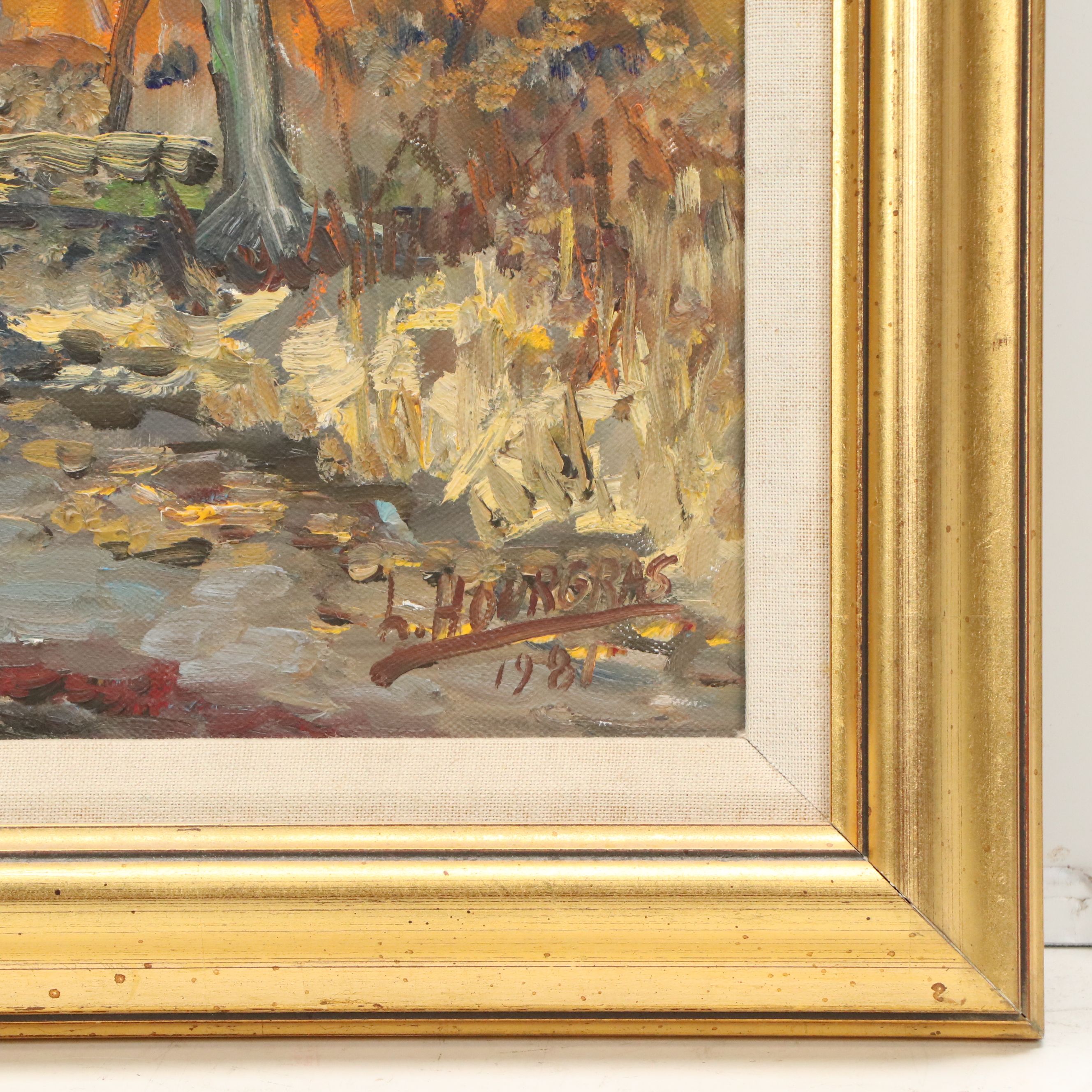 Luis Hourgras Oil Painting of Autumn Street, 1981