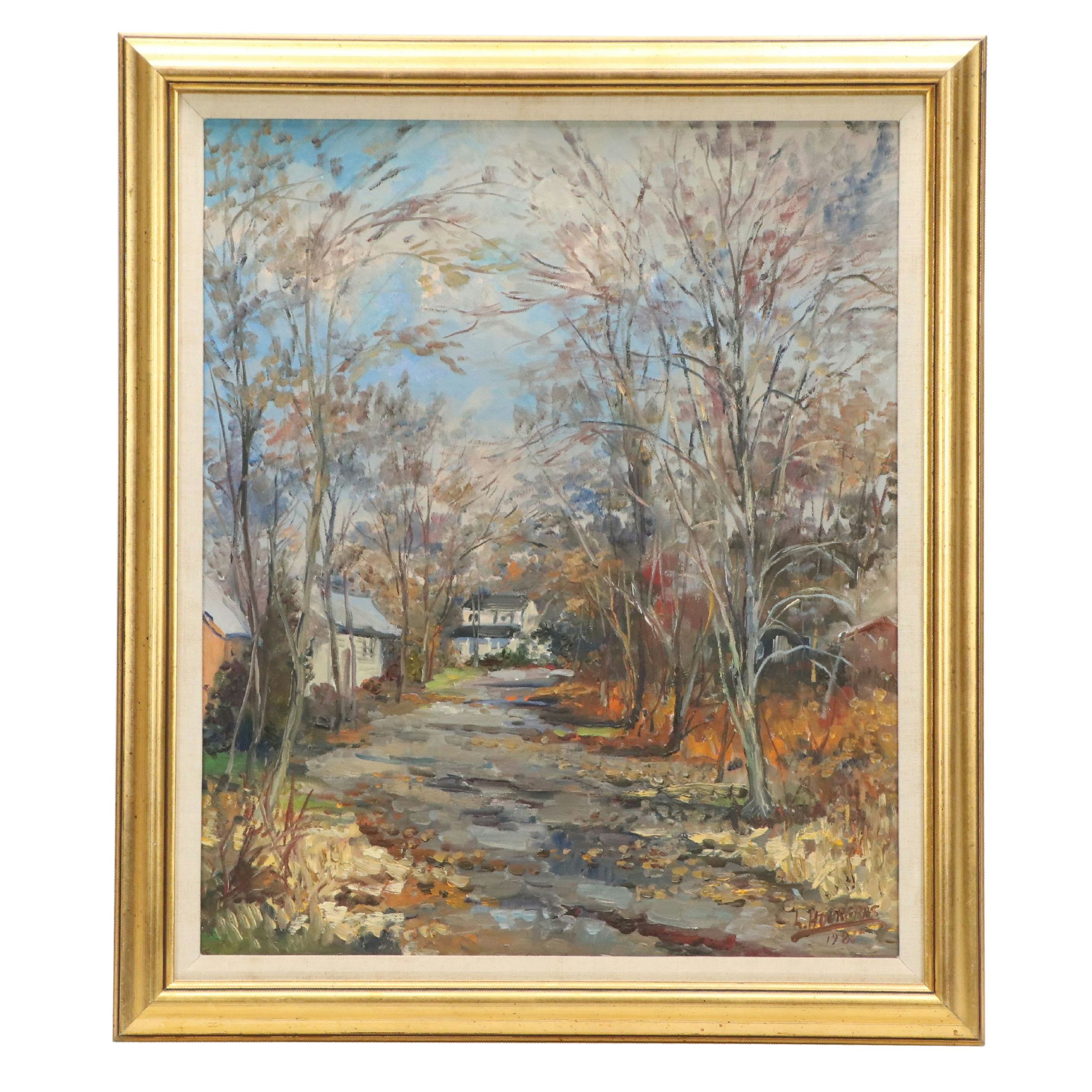 Luis Hourgras Oil Painting of Autumn Street, 1981