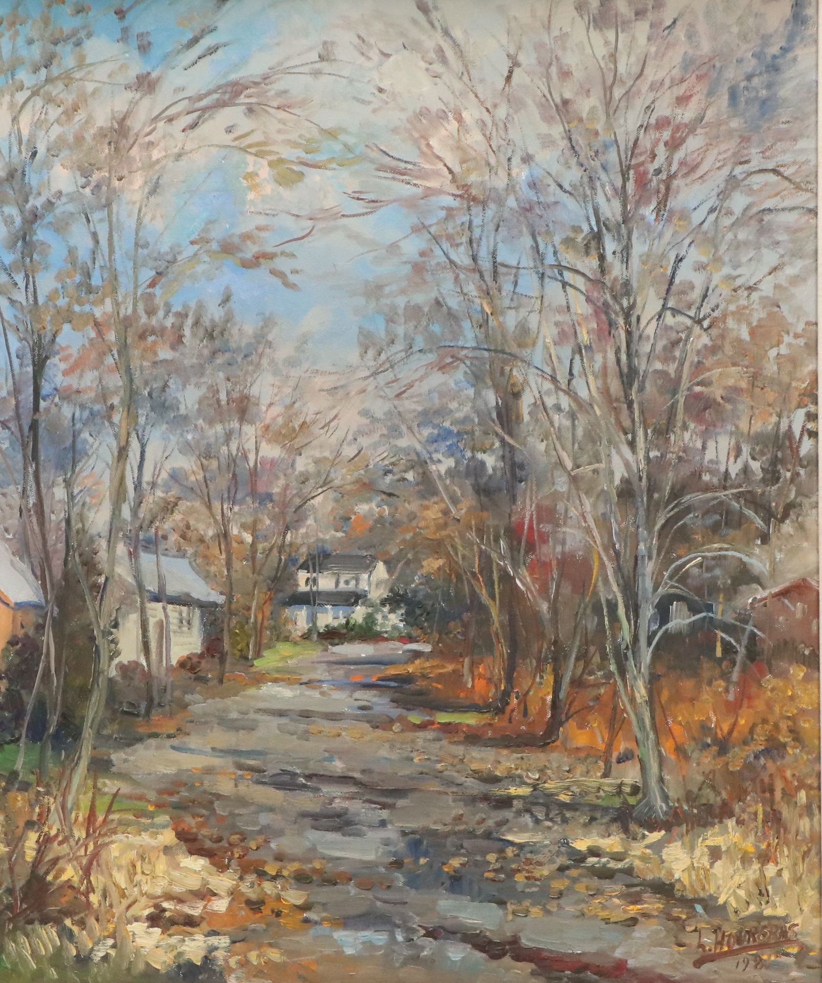 Luis Hourgras Oil Painting of Autumn Street, 1981