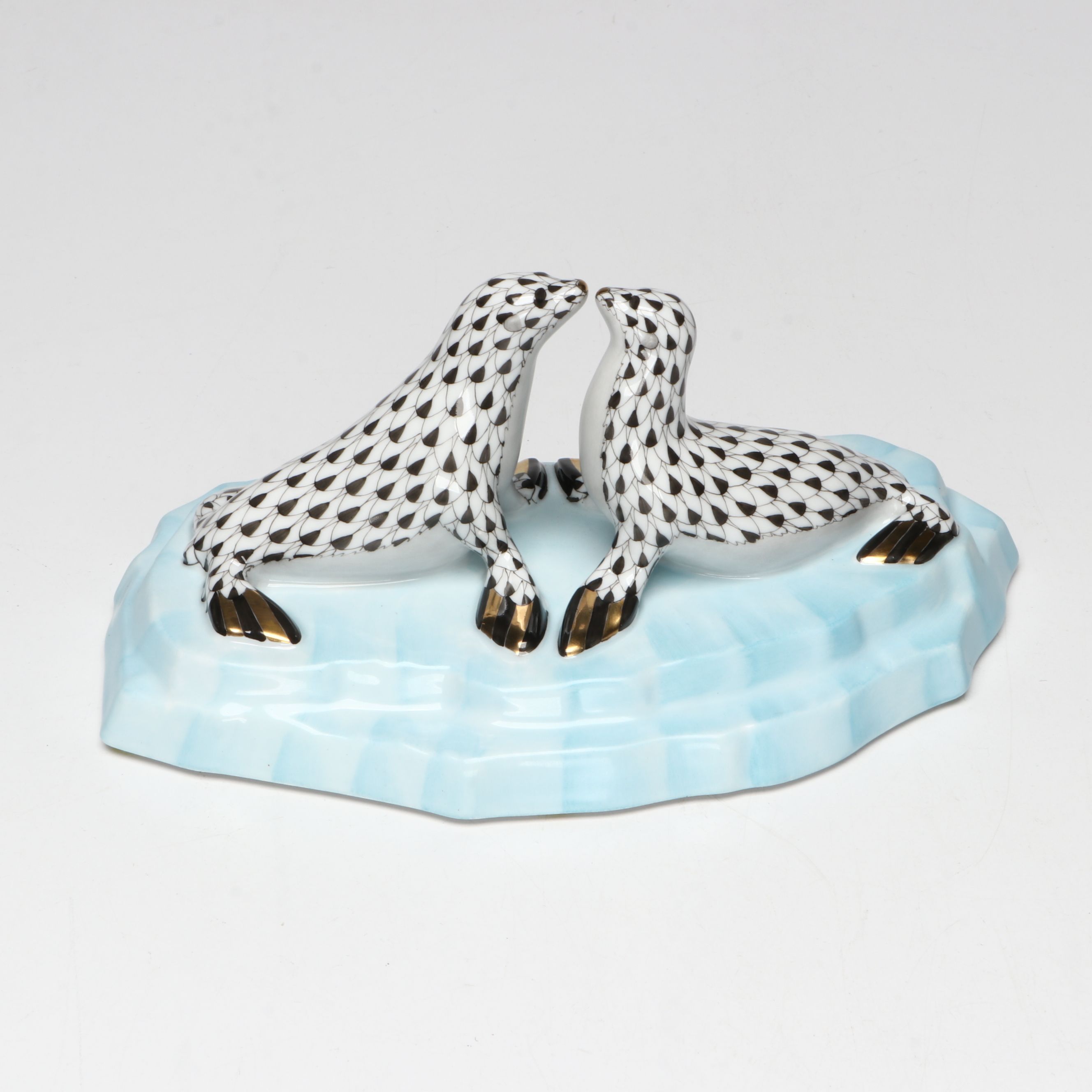 Herend Black Fishnet with Gold “Kissing Sea Lions” Porcelain Figurine