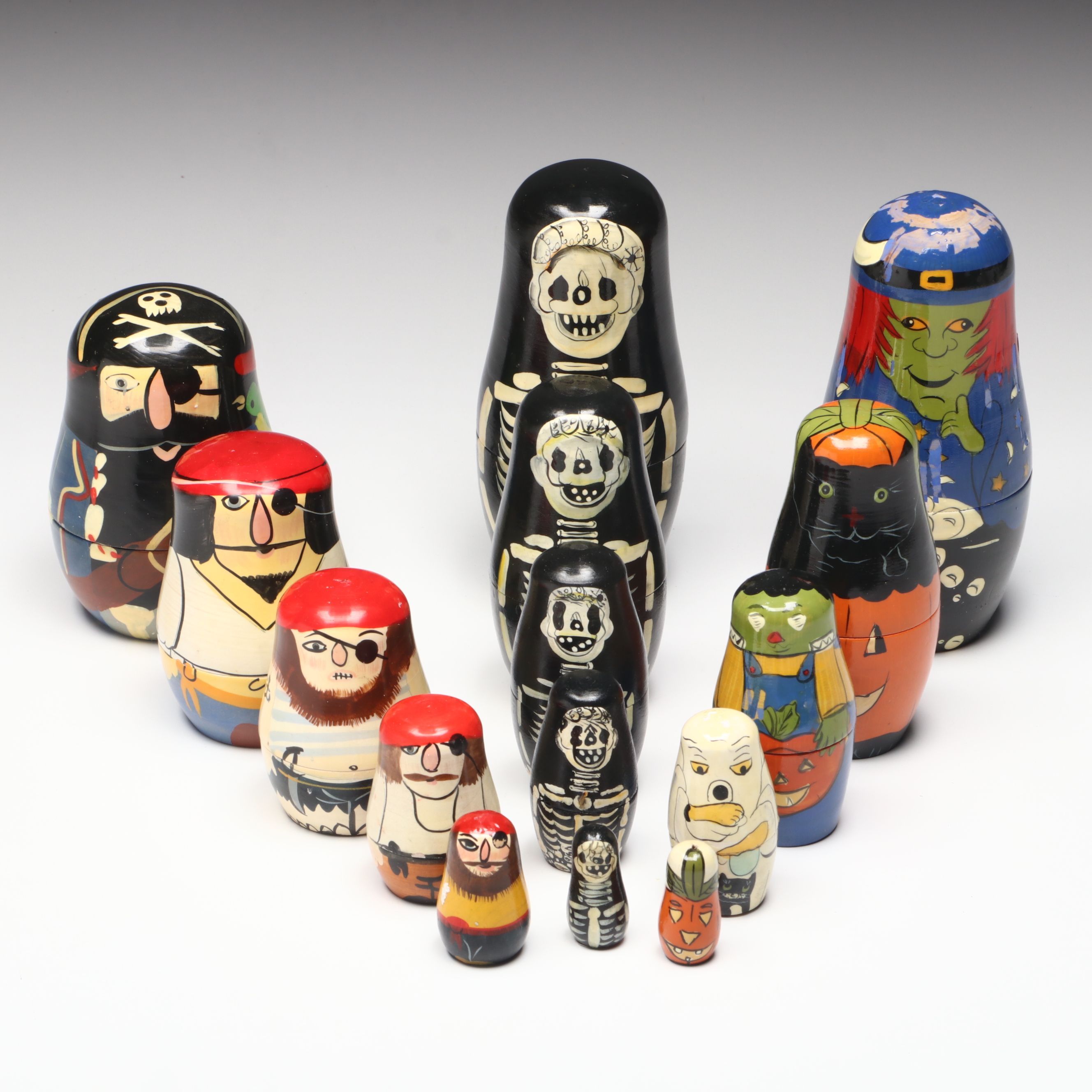 Skeletons, Pirates and More Hand-Painted Wooden Halloween Nesting Dolls