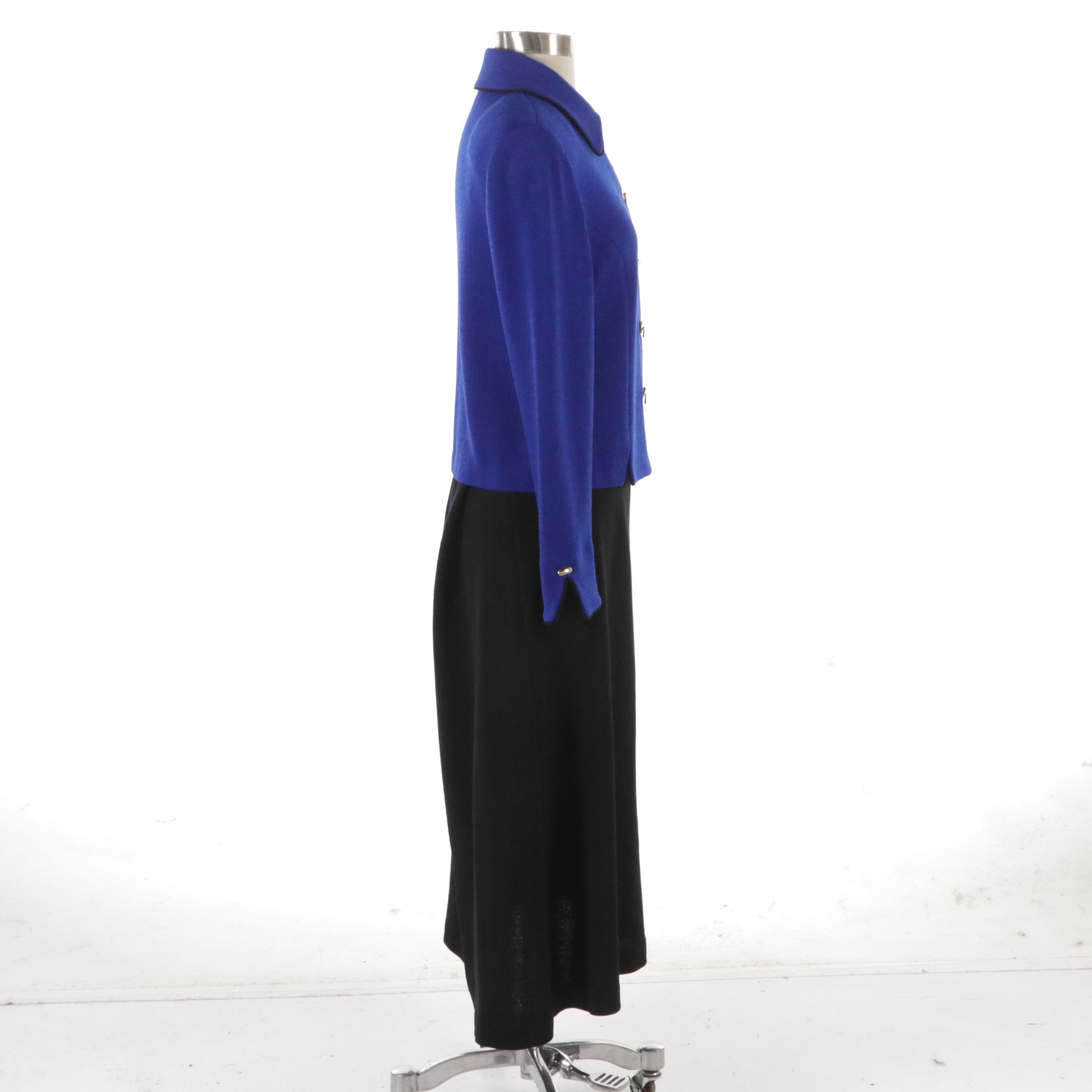St. John Black Knit Midi Skirt and Blue Knit Double-Breasted Jacket