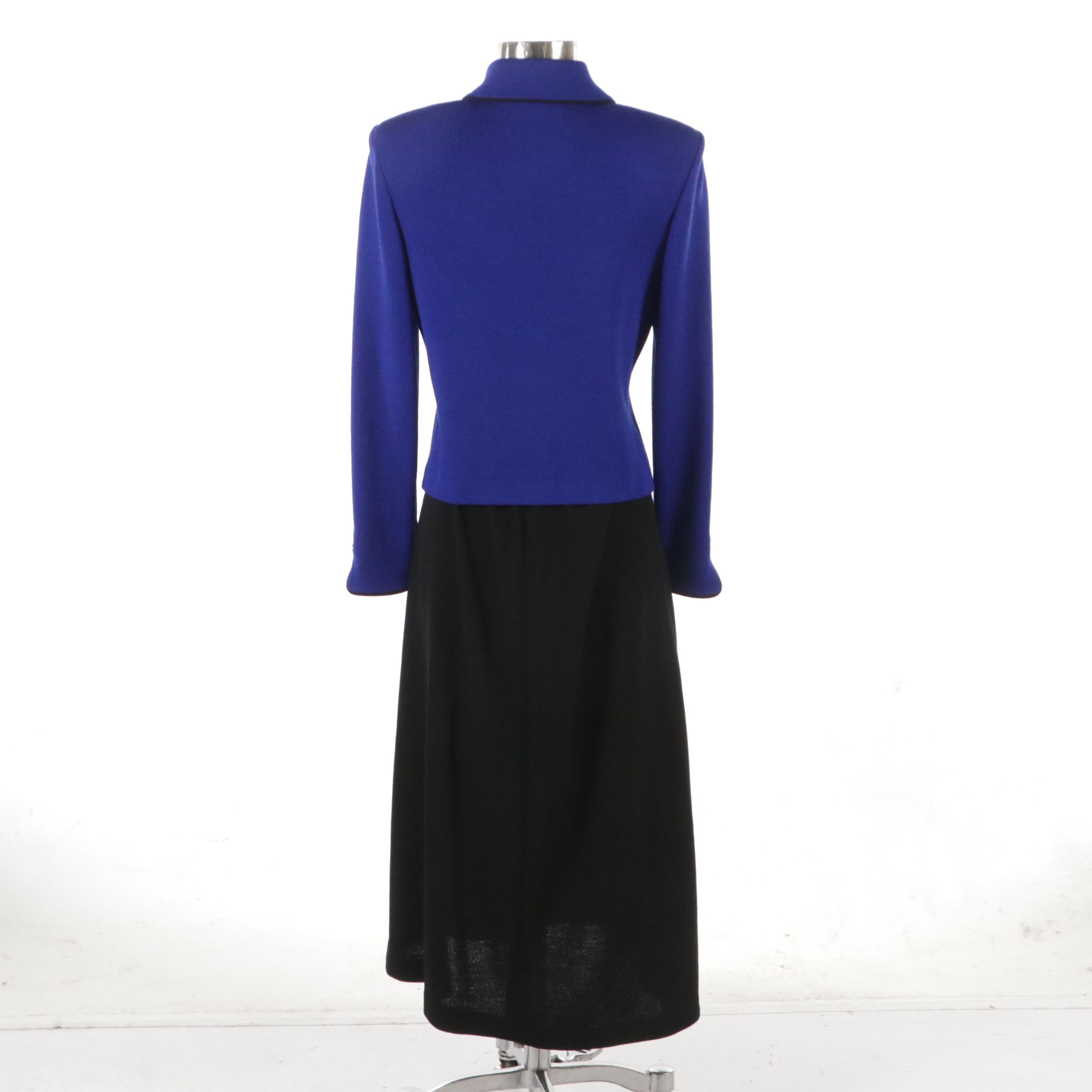 St. John Black Knit Midi Skirt and Blue Knit Double-Breasted Jacket