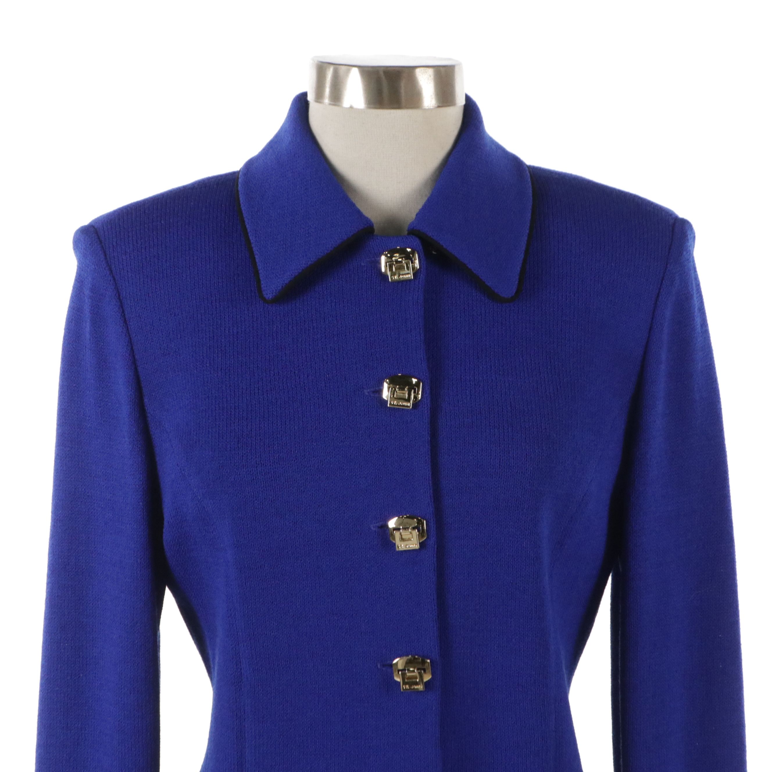 St. John Black Knit Midi Skirt and Blue Knit Double-Breasted Jacket