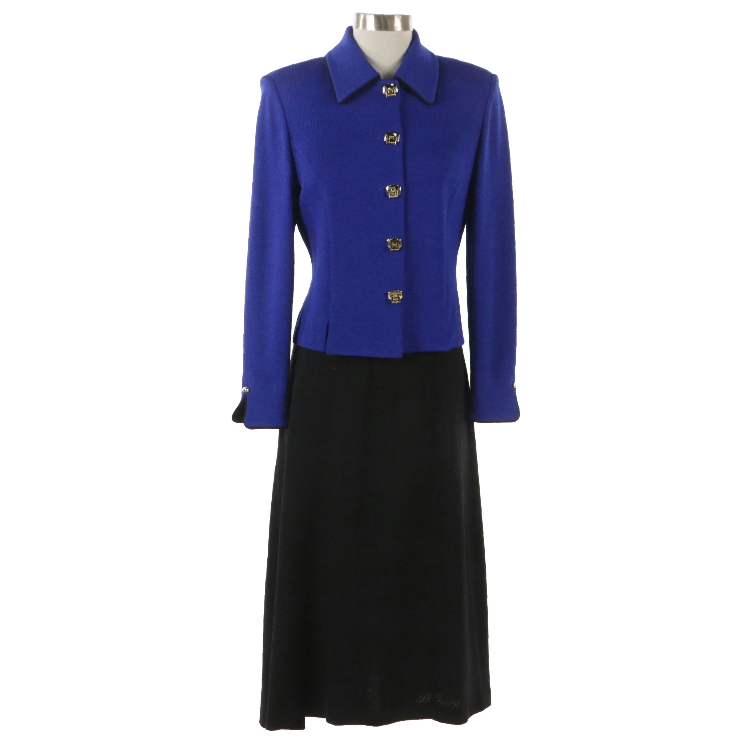 St. John Black Knit Midi Skirt and Blue Knit Double-Breasted Jacket