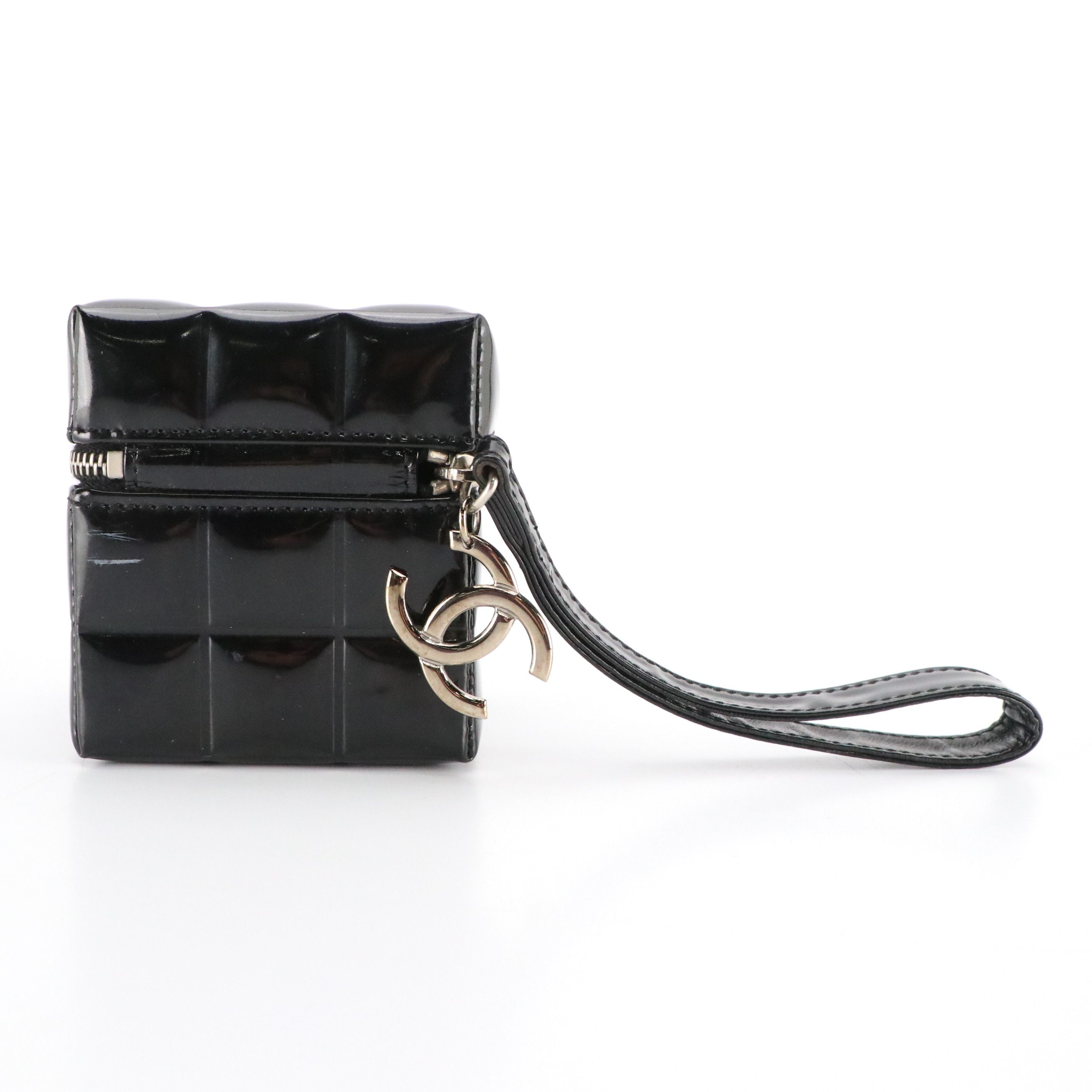 Chanel Mini Zip-Around Box Pouch in Black Chocolate Bar Quilted Patent Leather