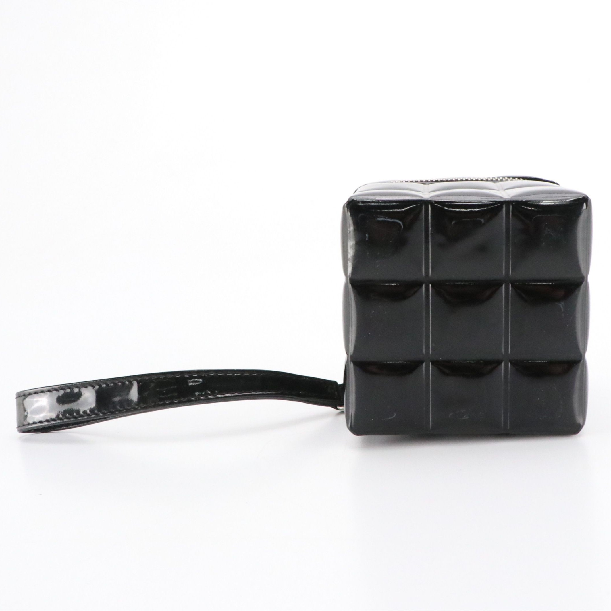 Chanel Mini Zip-Around Box Pouch in Black Chocolate Bar Quilted Patent Leather
