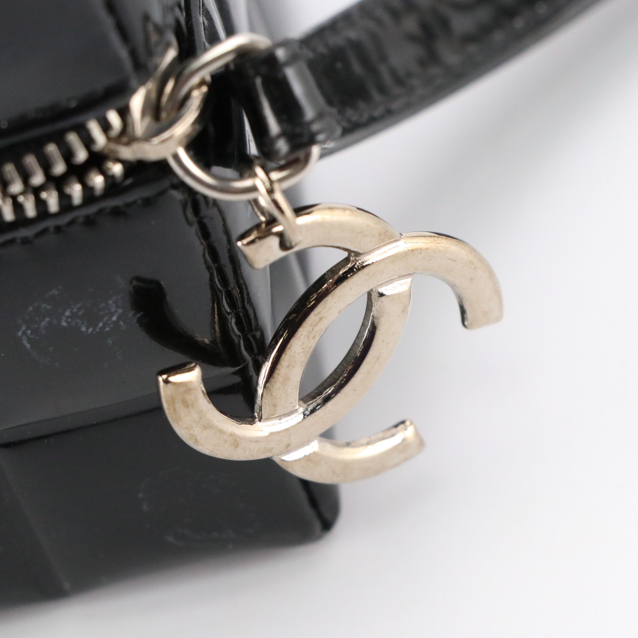 Chanel Mini Zip-Around Box Pouch in Black Chocolate Bar Quilted Patent Leather