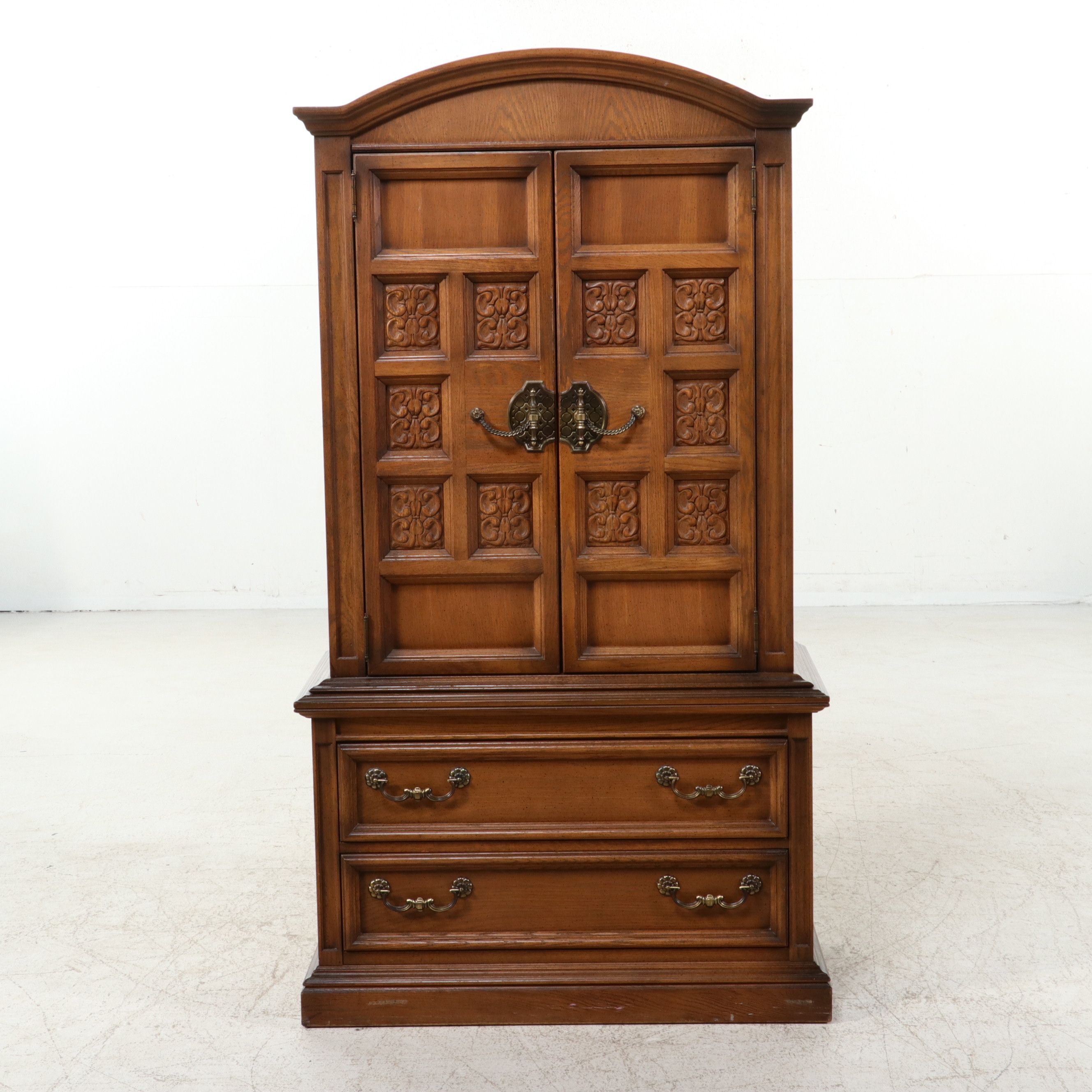 Mediterranean Style Oak Two-Piece Armoire on Chest