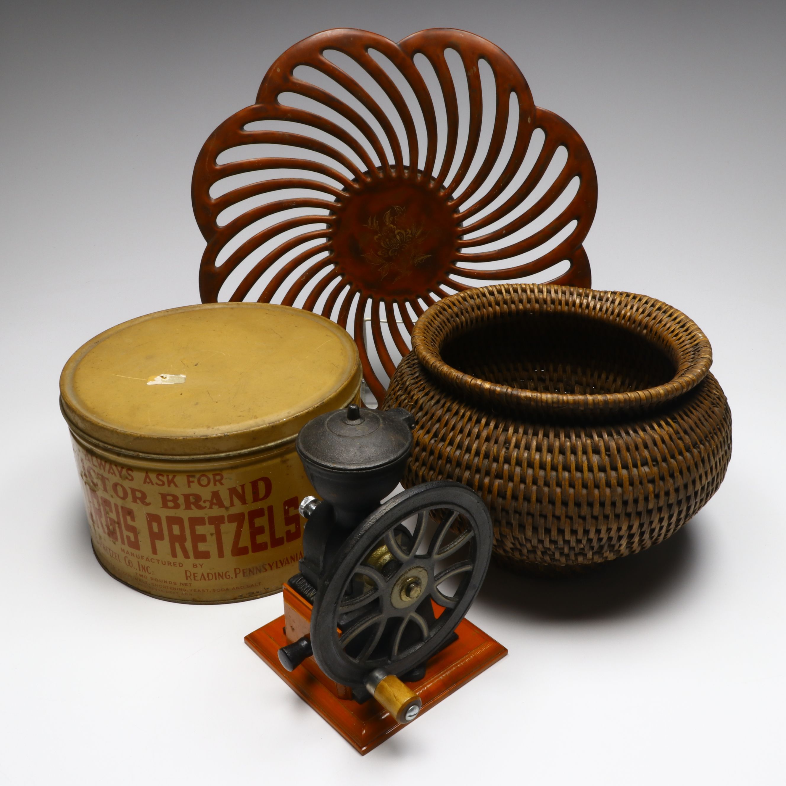Maruni Lacquerware Open Work Platter, Sturgis Pretzel Co. Tin, and More Décor