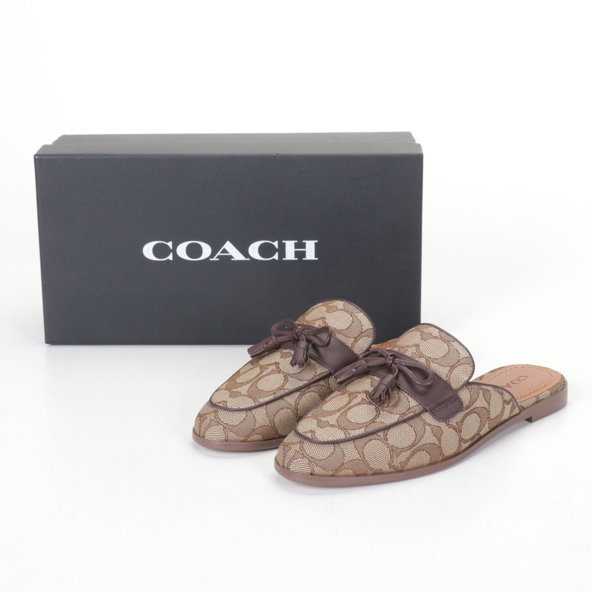 Coach Signature Stassi Slides in Khaki and Mahogany