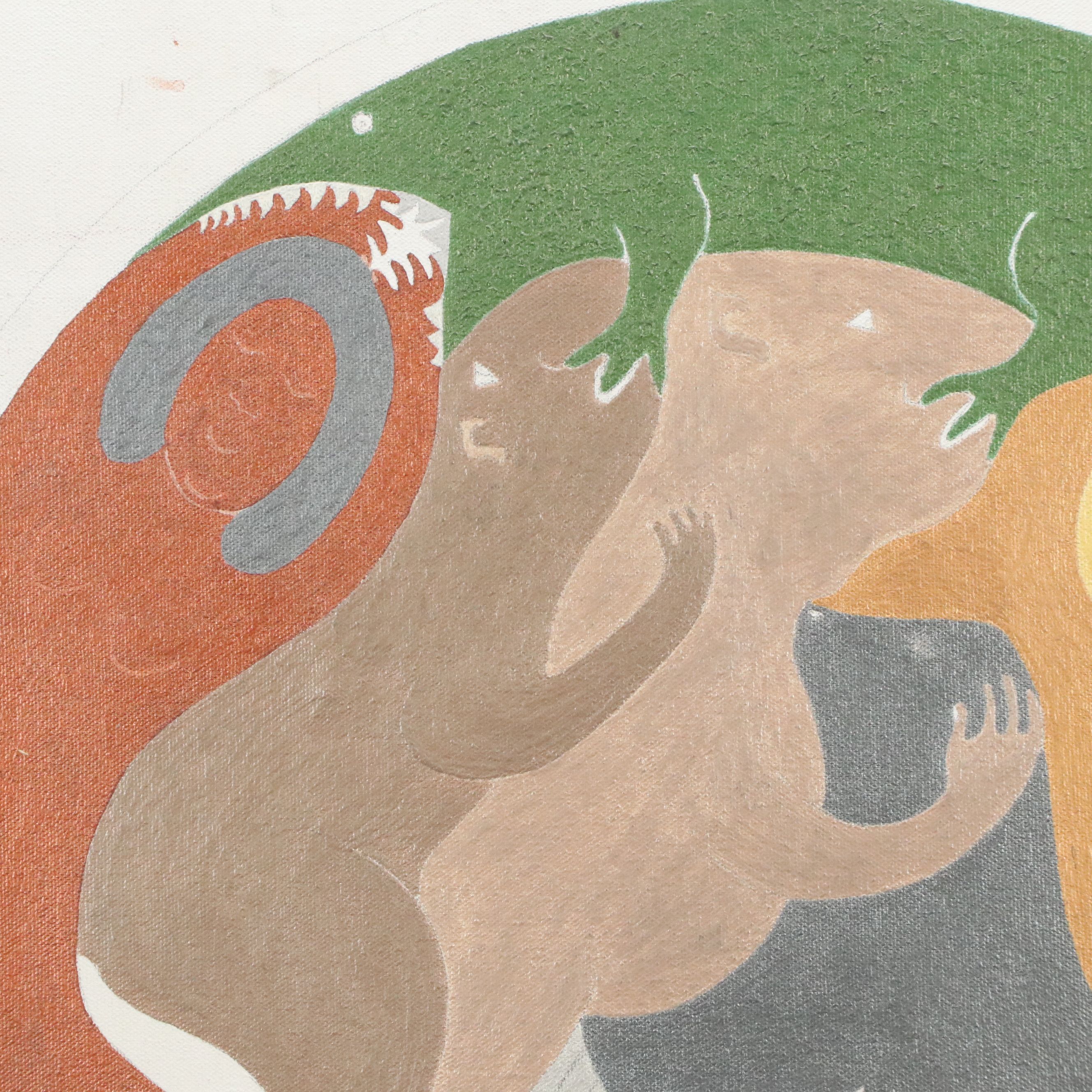 January M. Knoop Acrylic Painting of Animals in Sphere, Late 20th Century