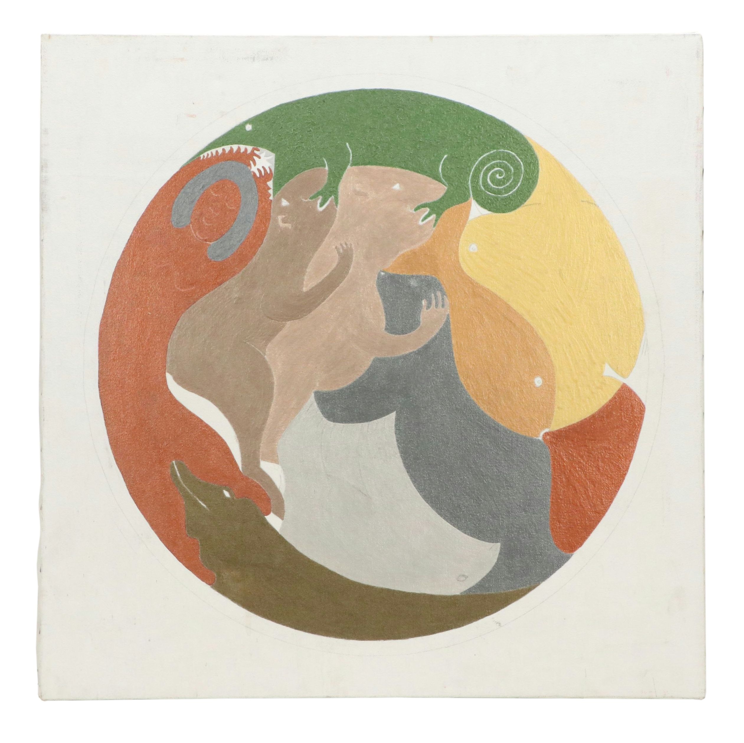 January M. Knoop Acrylic Painting of Animals in Sphere, Late 20th Century