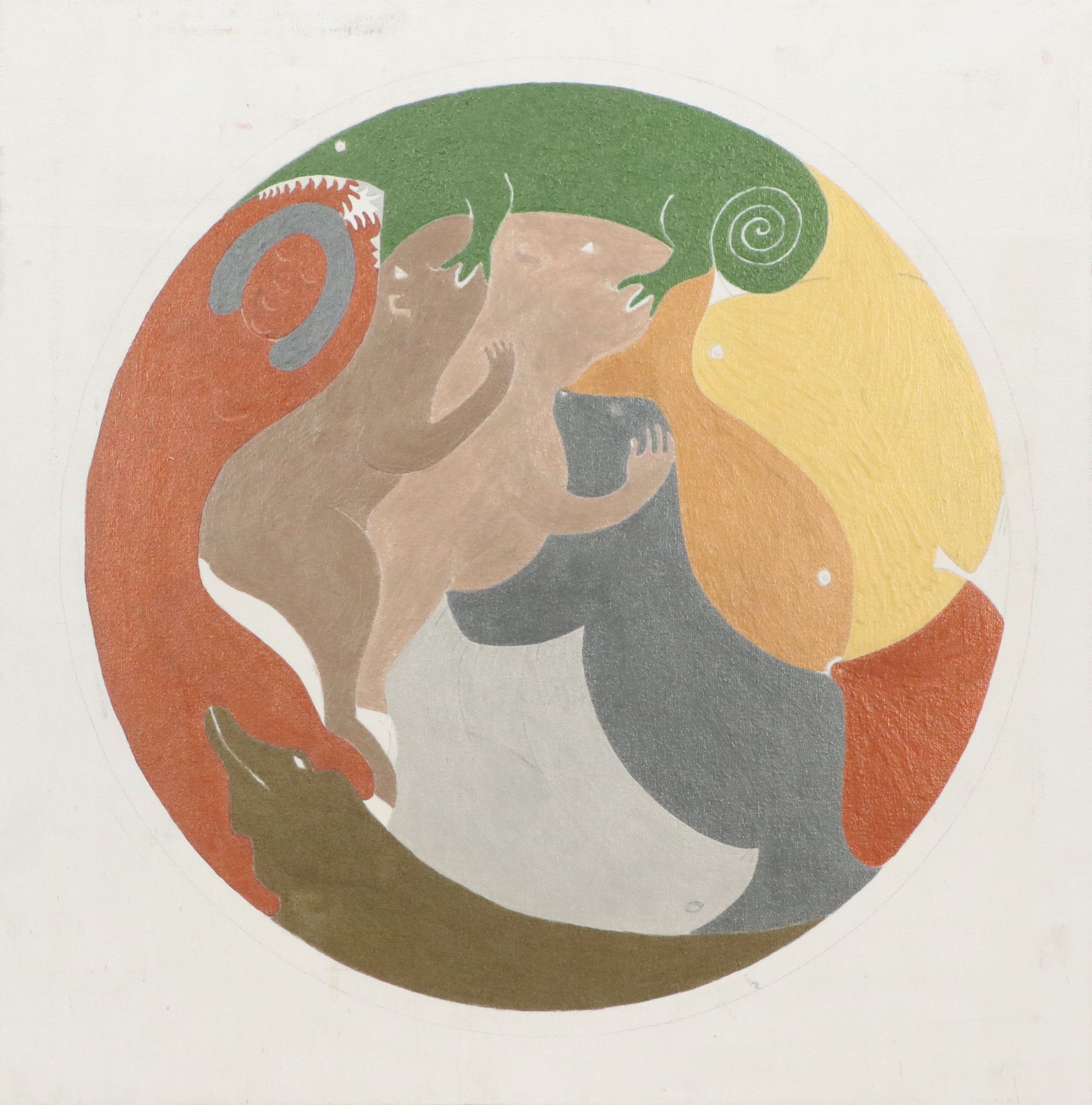 January M. Knoop Acrylic Painting of Animals in Sphere, Late 20th Century