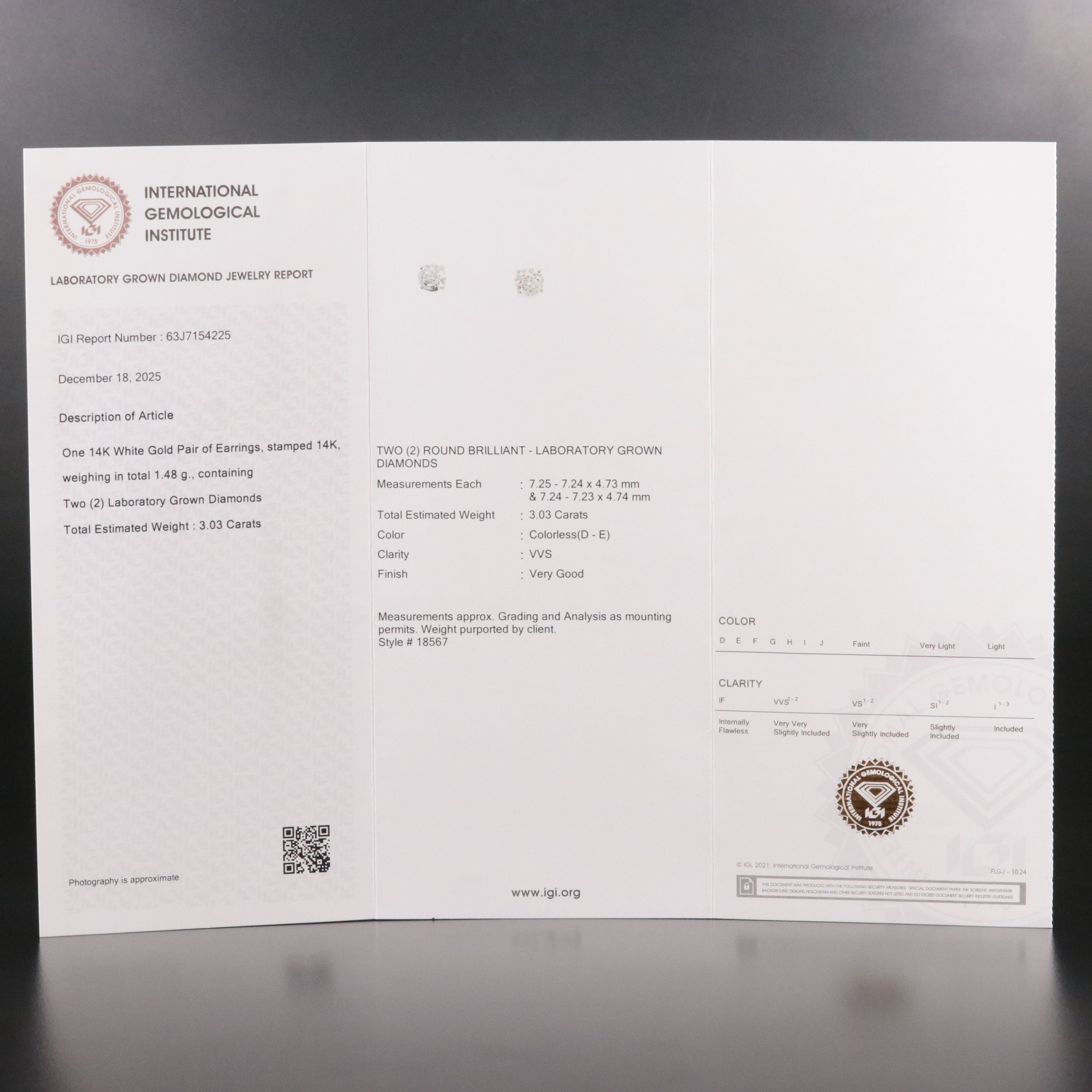 14K 3.03 CTW Lab Grown Diamond Stud Earrings with IGI Jewelry Report