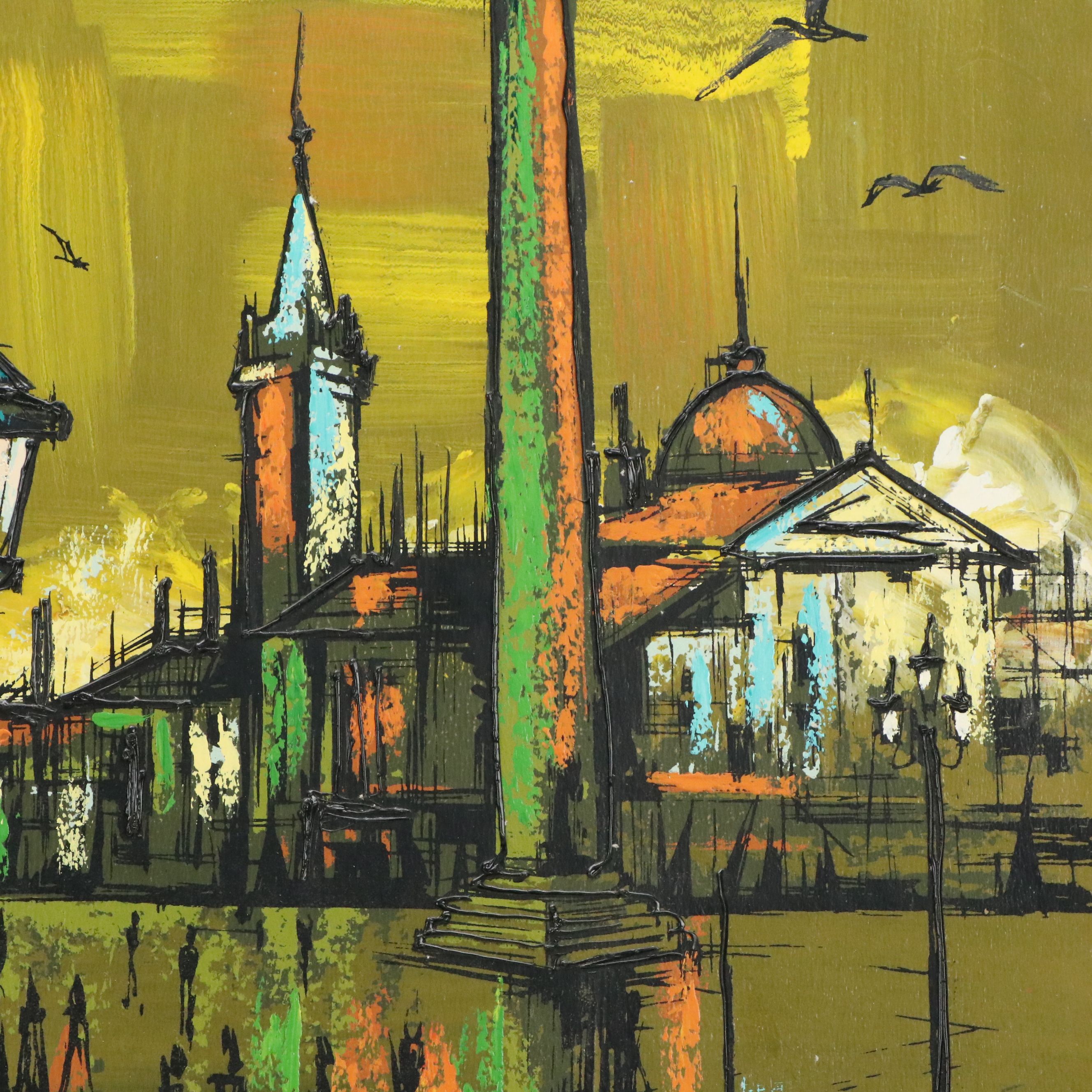 Stylized Acrylic Painting of St. Mark's Square, Mid-20th Century