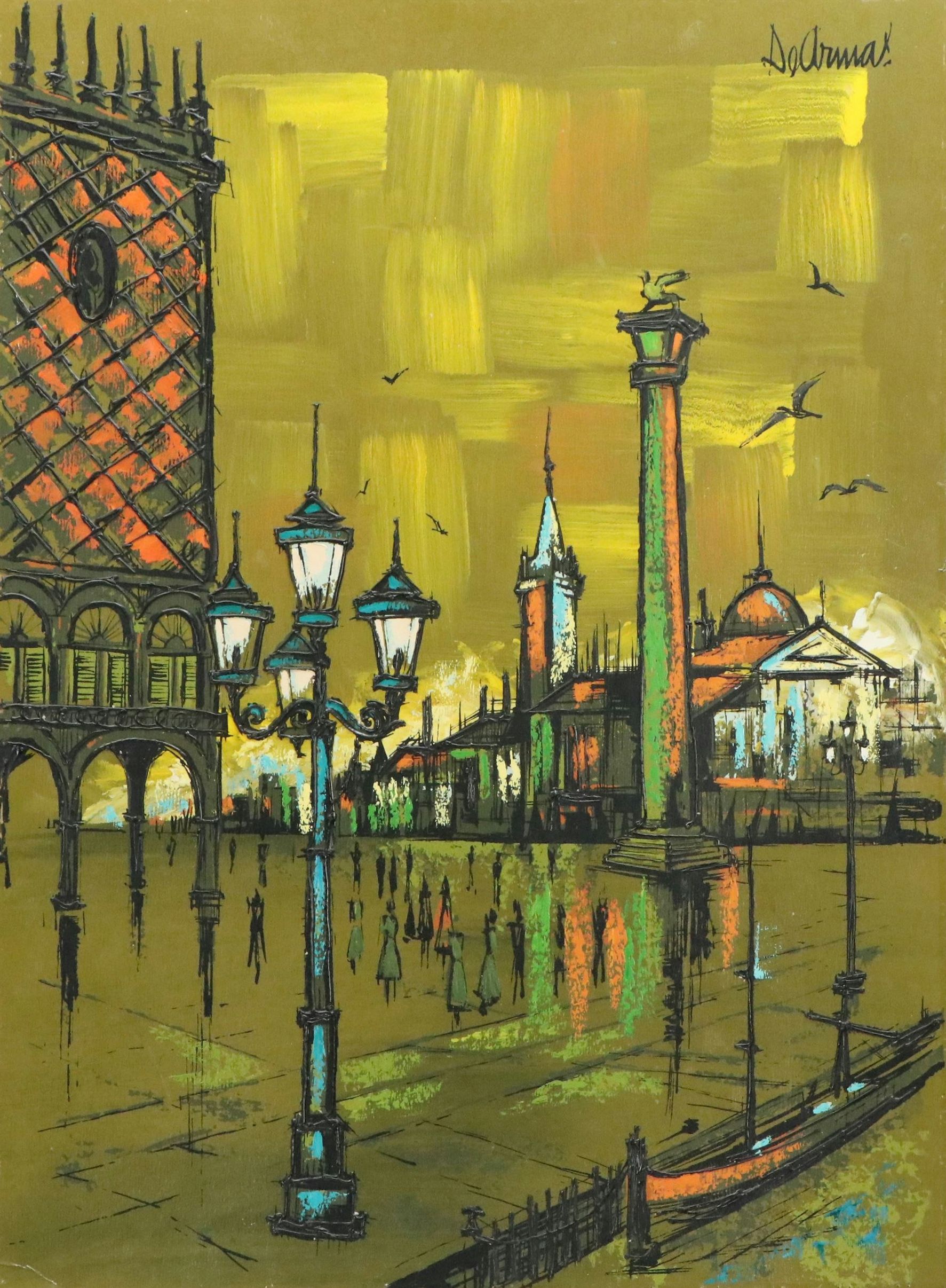 Stylized Acrylic Painting of St. Mark's Square, Mid-20th Century