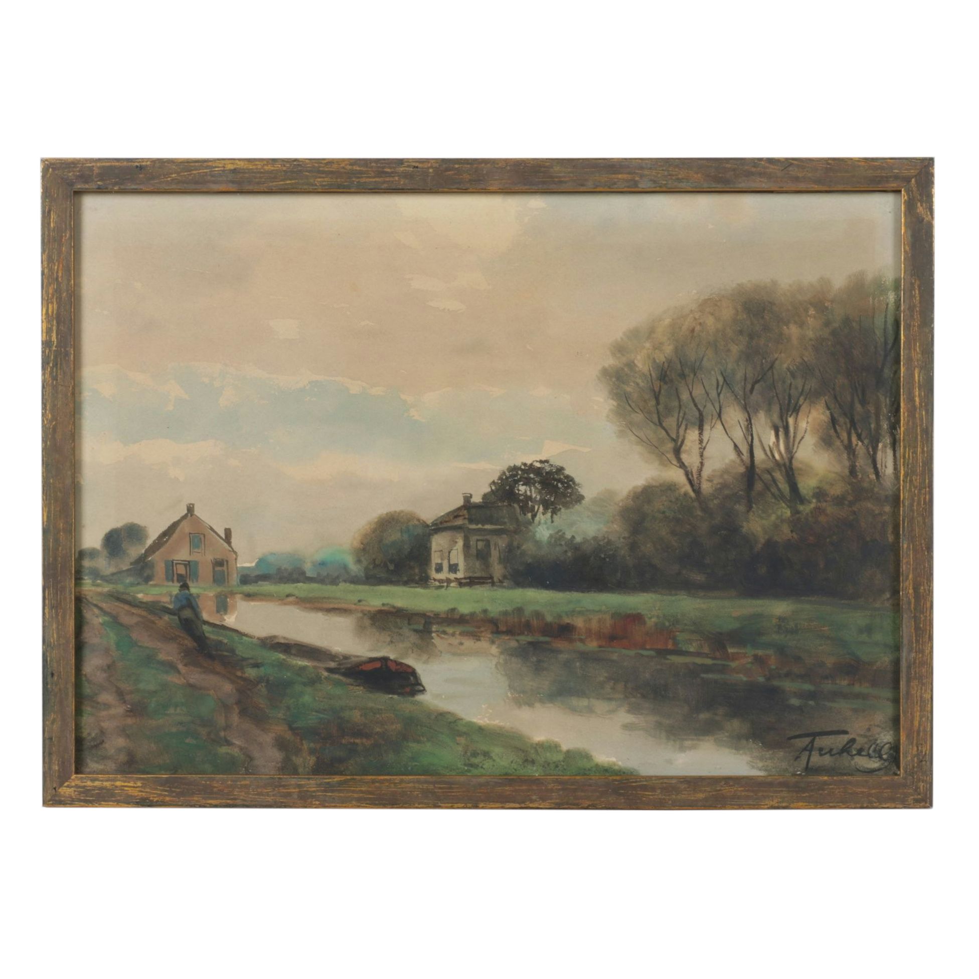 Terhill Riverbank Landscape Watercolor Painting With Farmhouse Facade