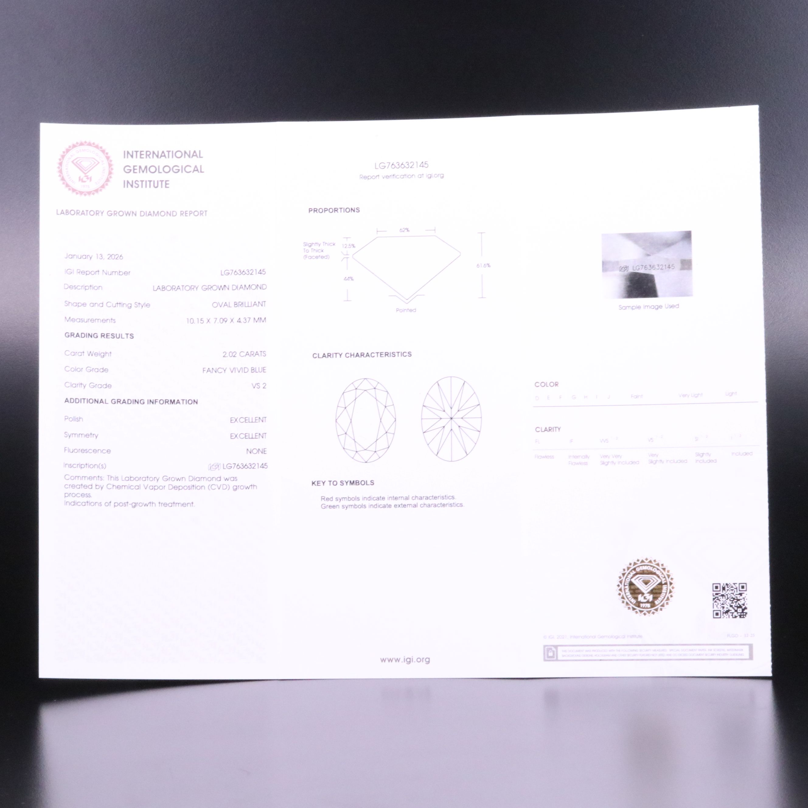 Loose 2.02 CT Lab Grown Fancy Vivid Blue Diamond with IGI Report