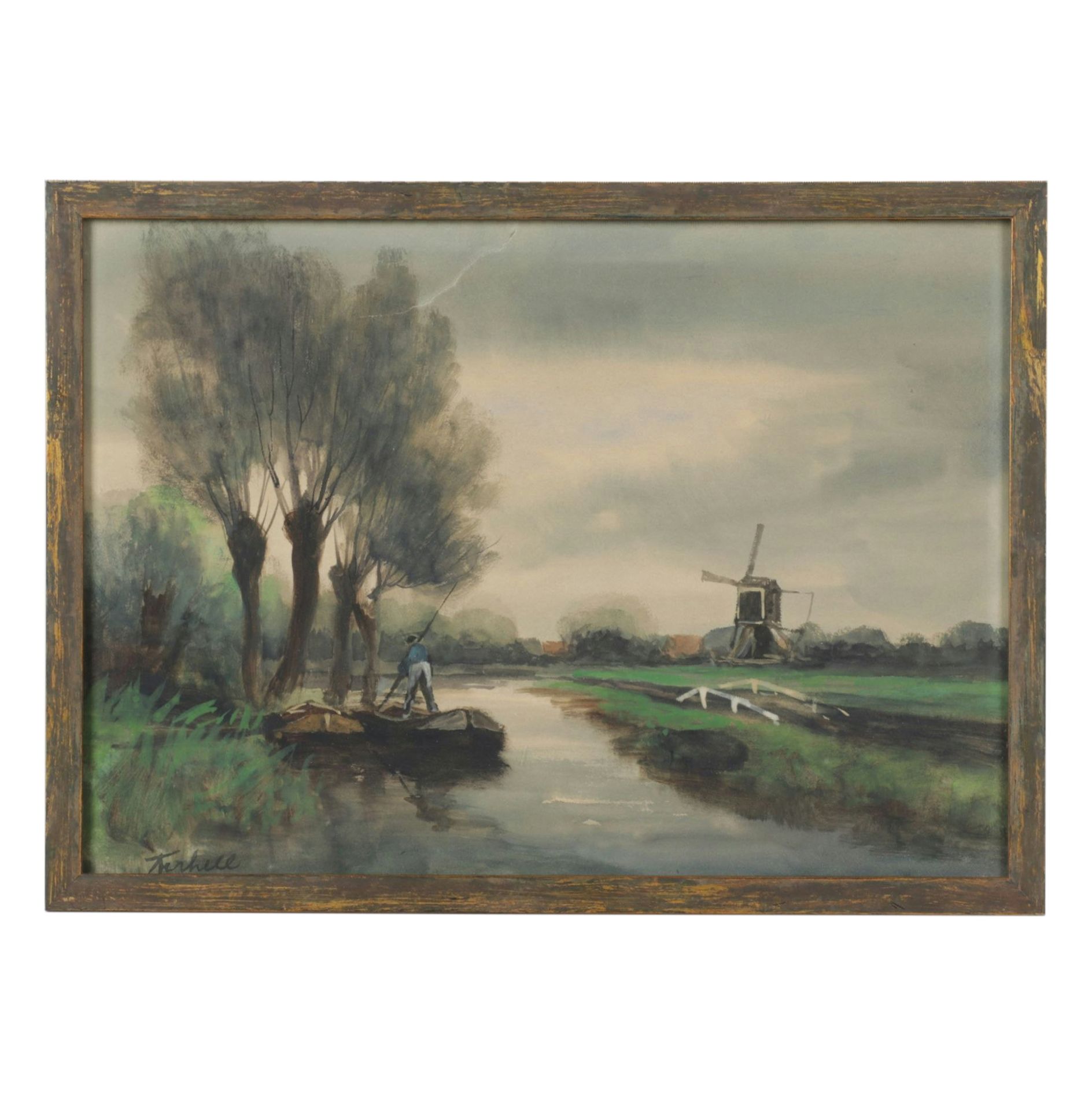 Terhill Riverbank Landscape Watercolor Painting With Distant Windmill