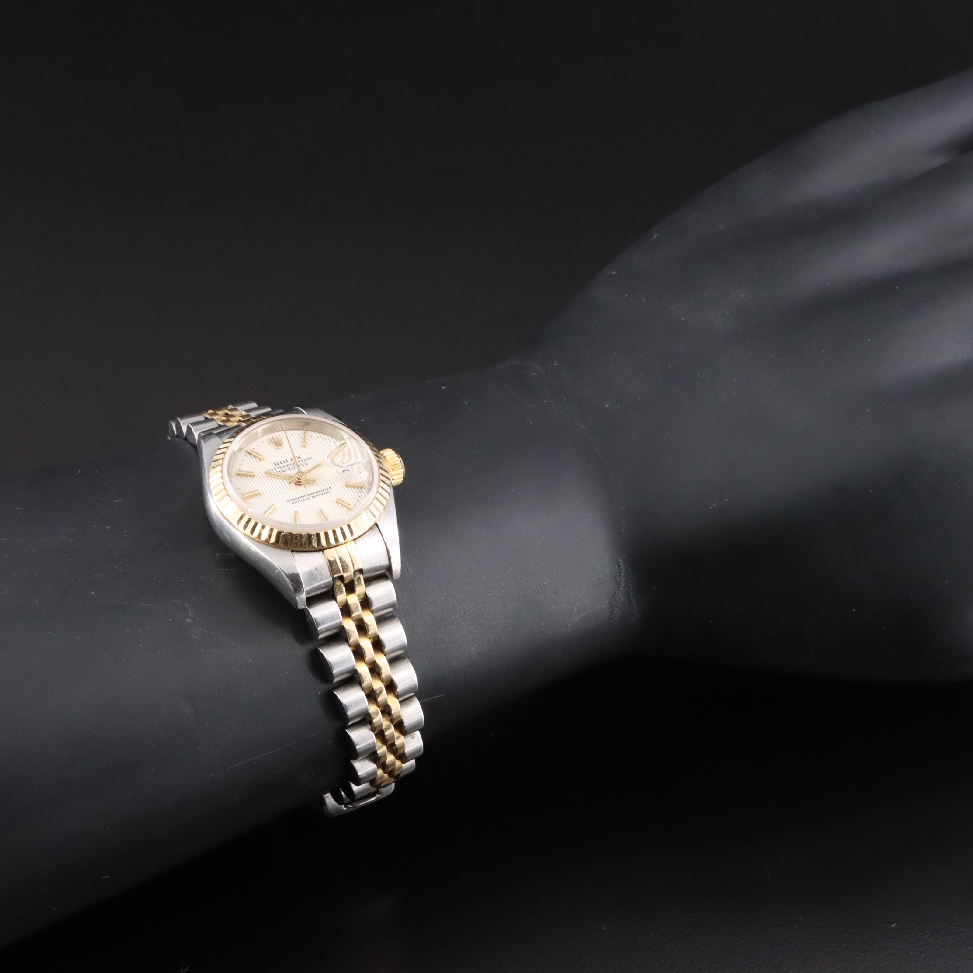 2001 Rolex Silver Tapestry Dial 18K & Steelinox Datejust Model 79173 Watch