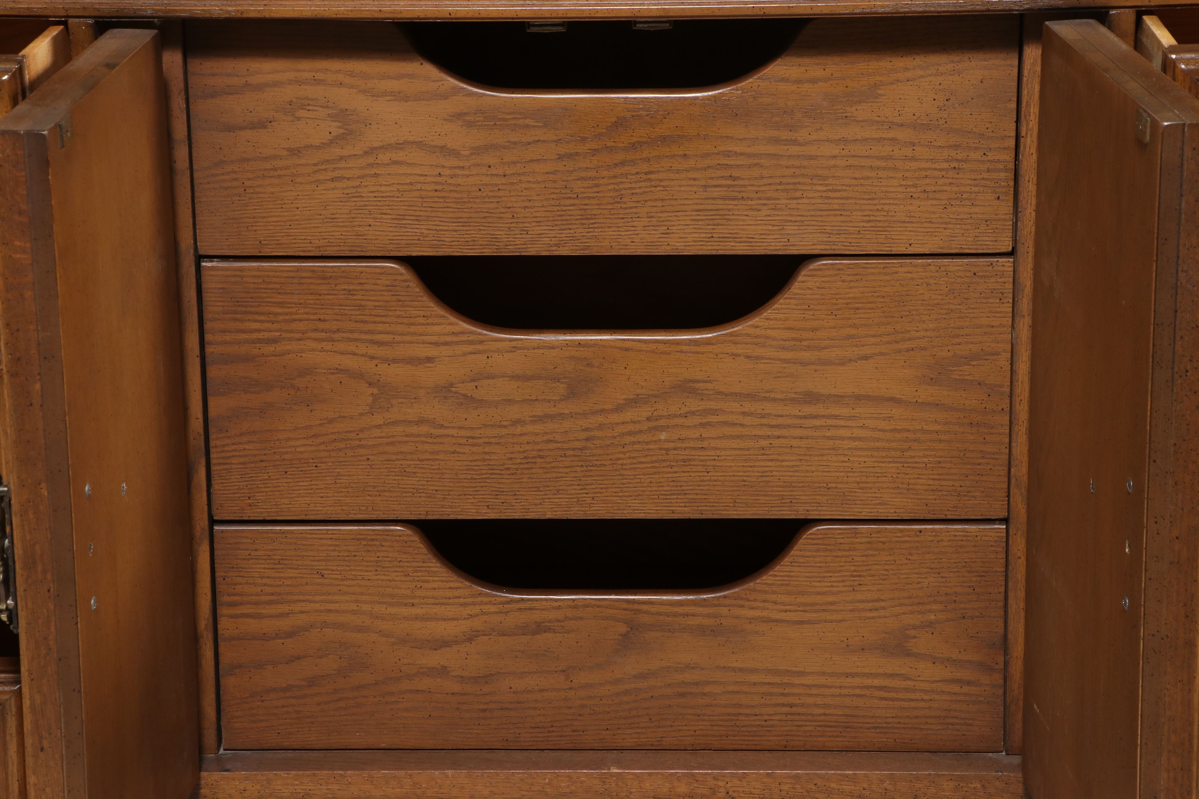 United Furniture Spanish Revival Style Carved Oak Triple Dresser with Mirrors