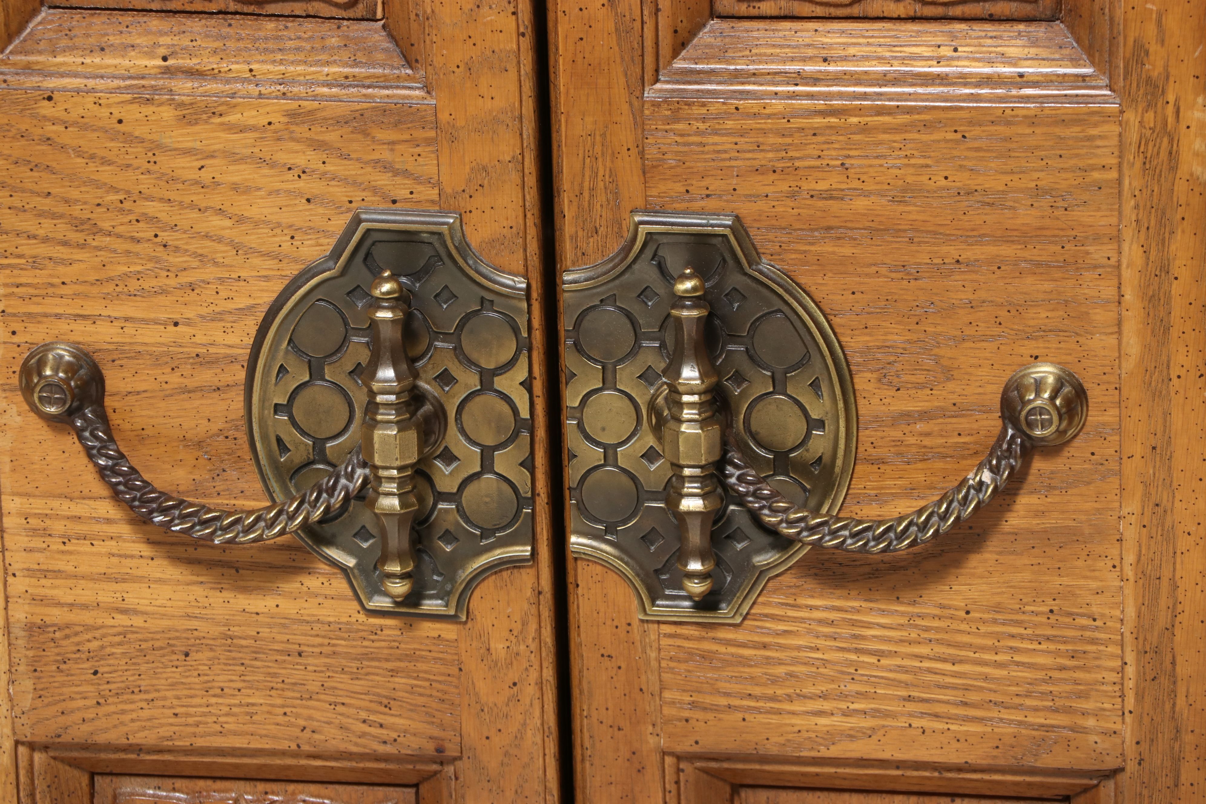 United Furniture Spanish Revival Style Carved Oak Triple Dresser with Mirrors