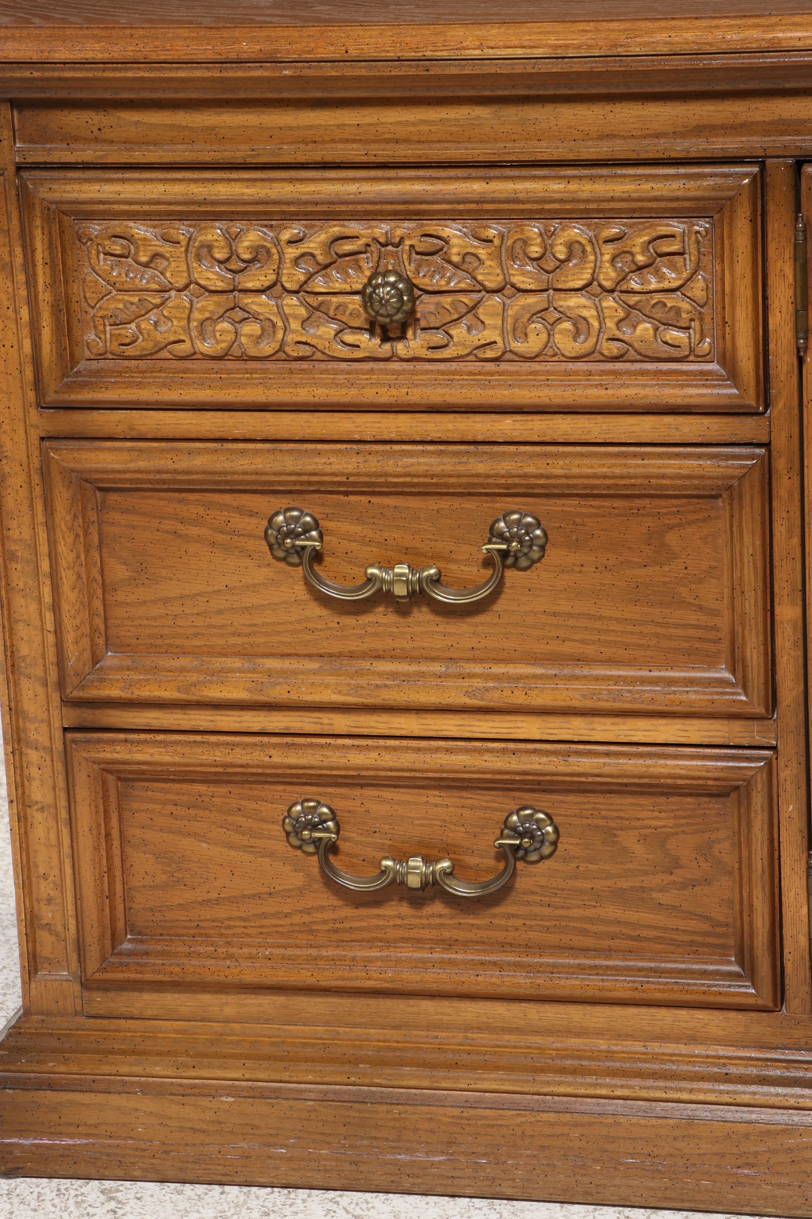 United Furniture Spanish Revival Style Carved Oak Triple Dresser with Mirrors