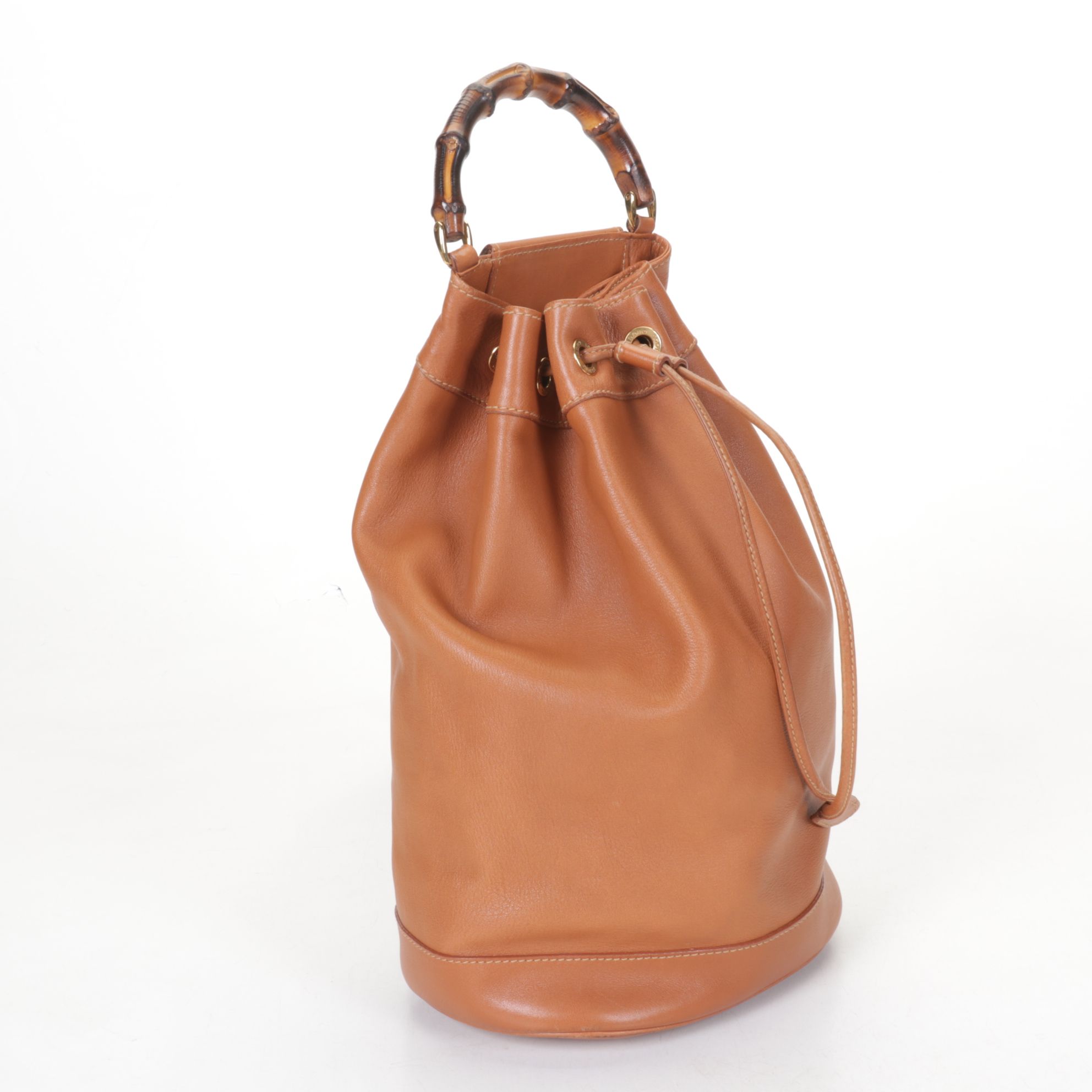 Gucci Tan Leather Bamboo Handle Bucket Bag