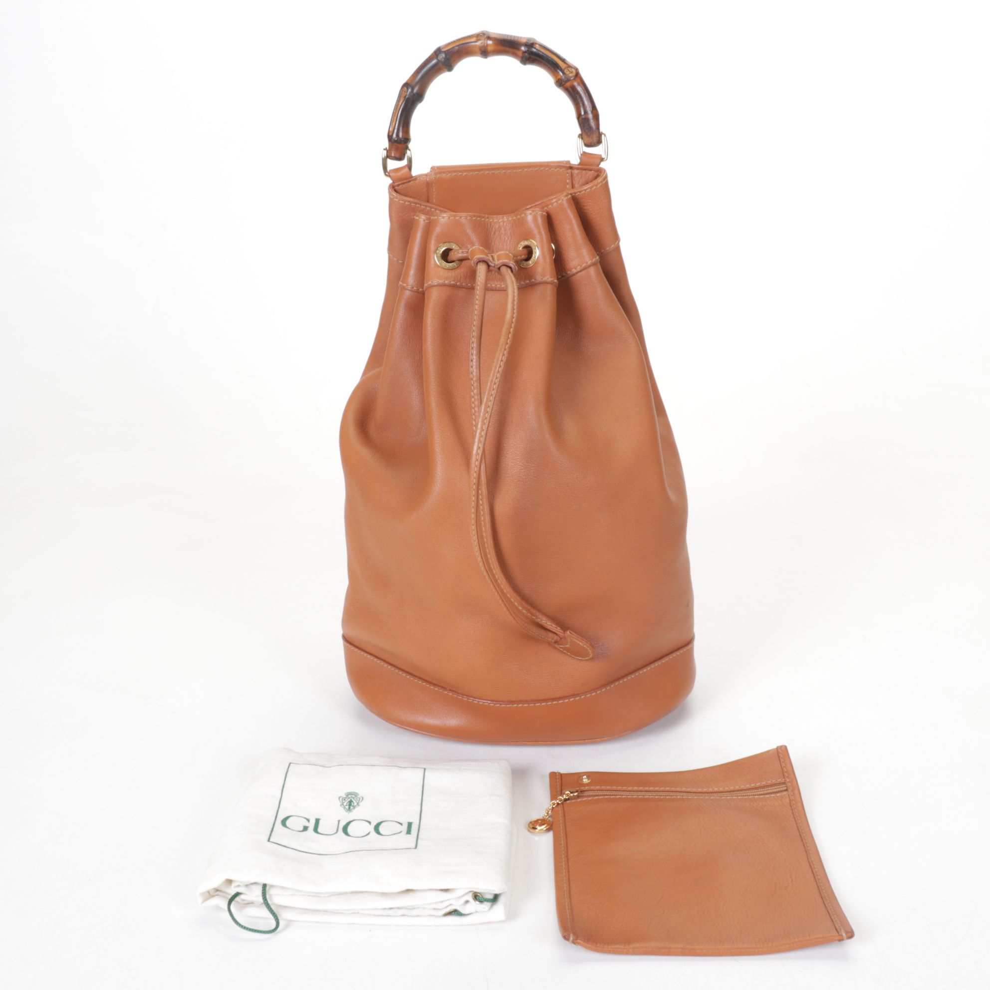 Gucci Tan Leather Bamboo Handle Bucket Bag