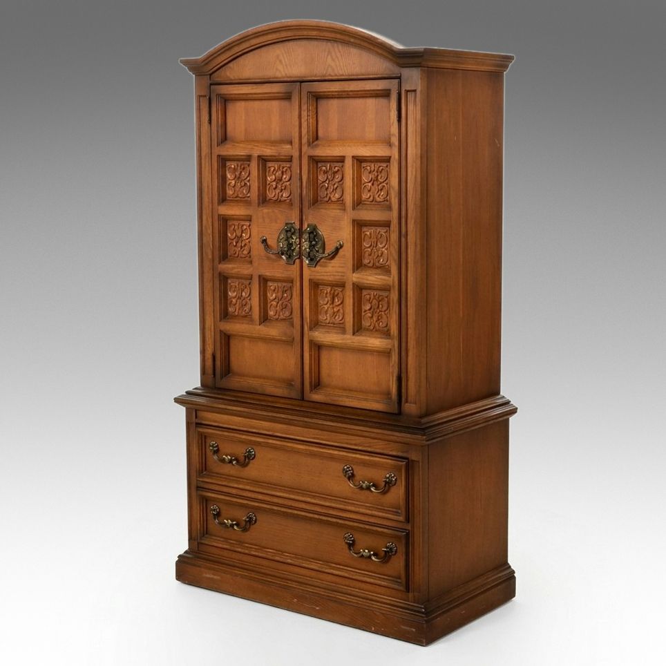 Mediterranean Style Oak Two-Piece Armoire on Chest
