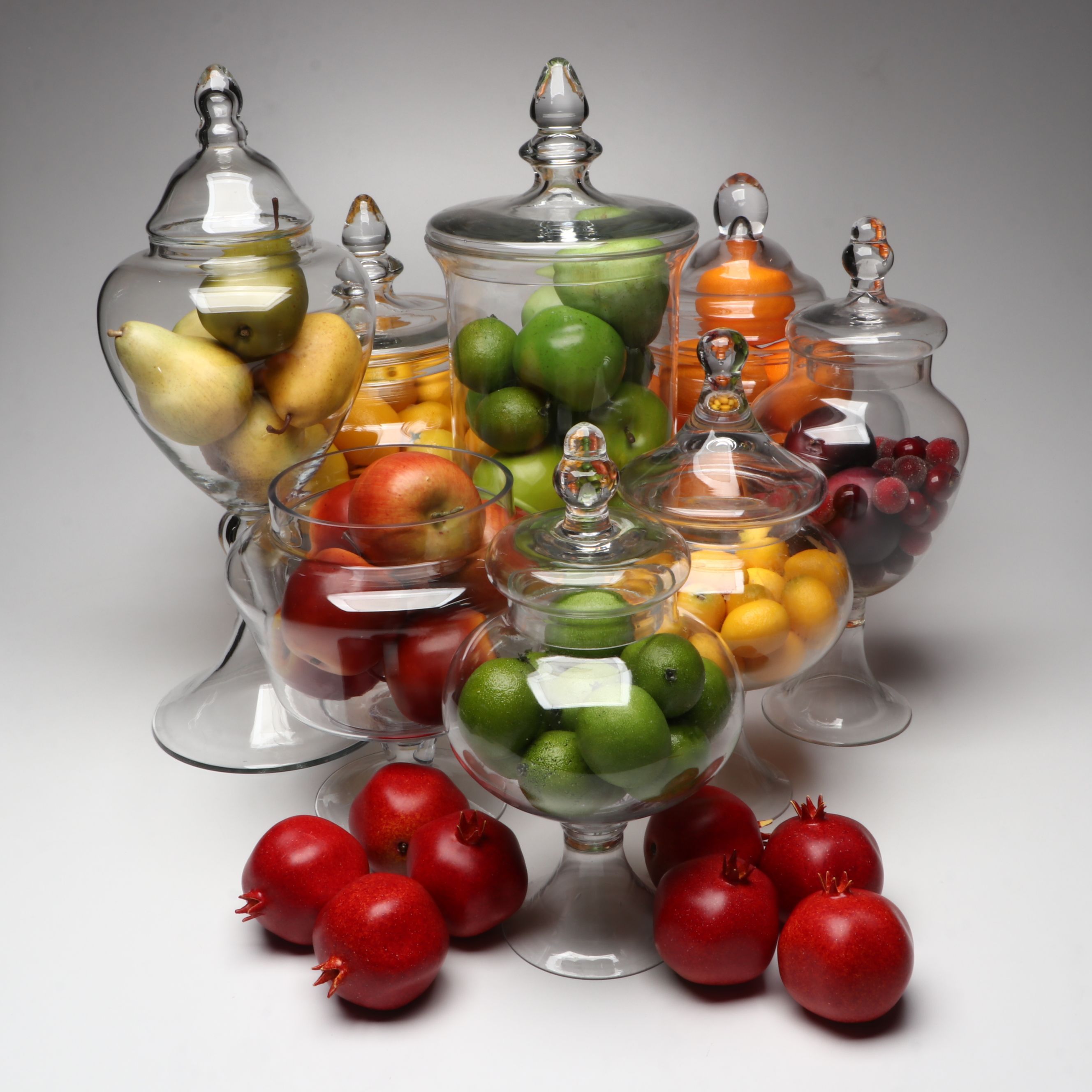 Footed Glass Apothecary Jars with Artificial Fruit