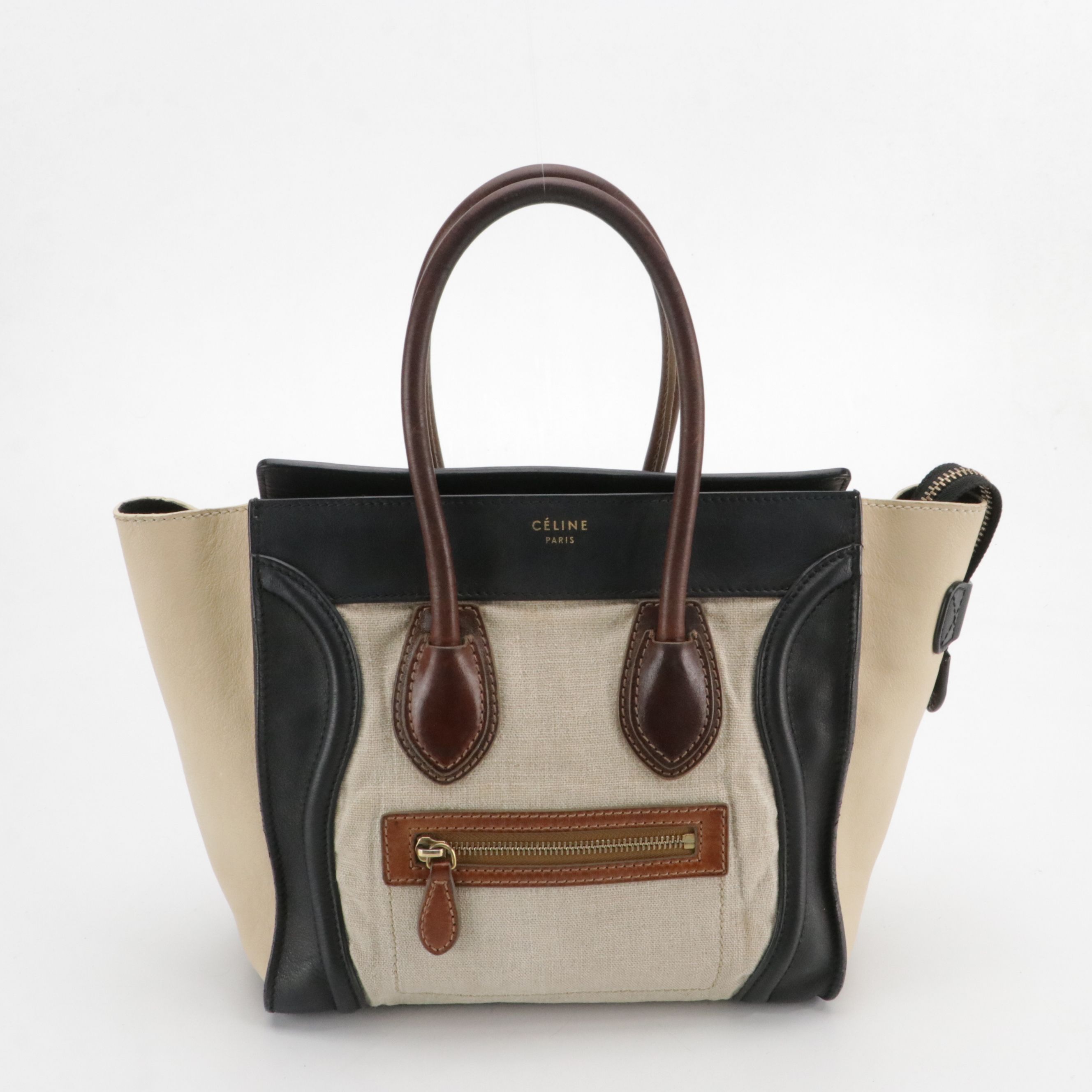Céline Micro Luggage Tote Bag in Bicolor Calfskin Leather and Woven Jute