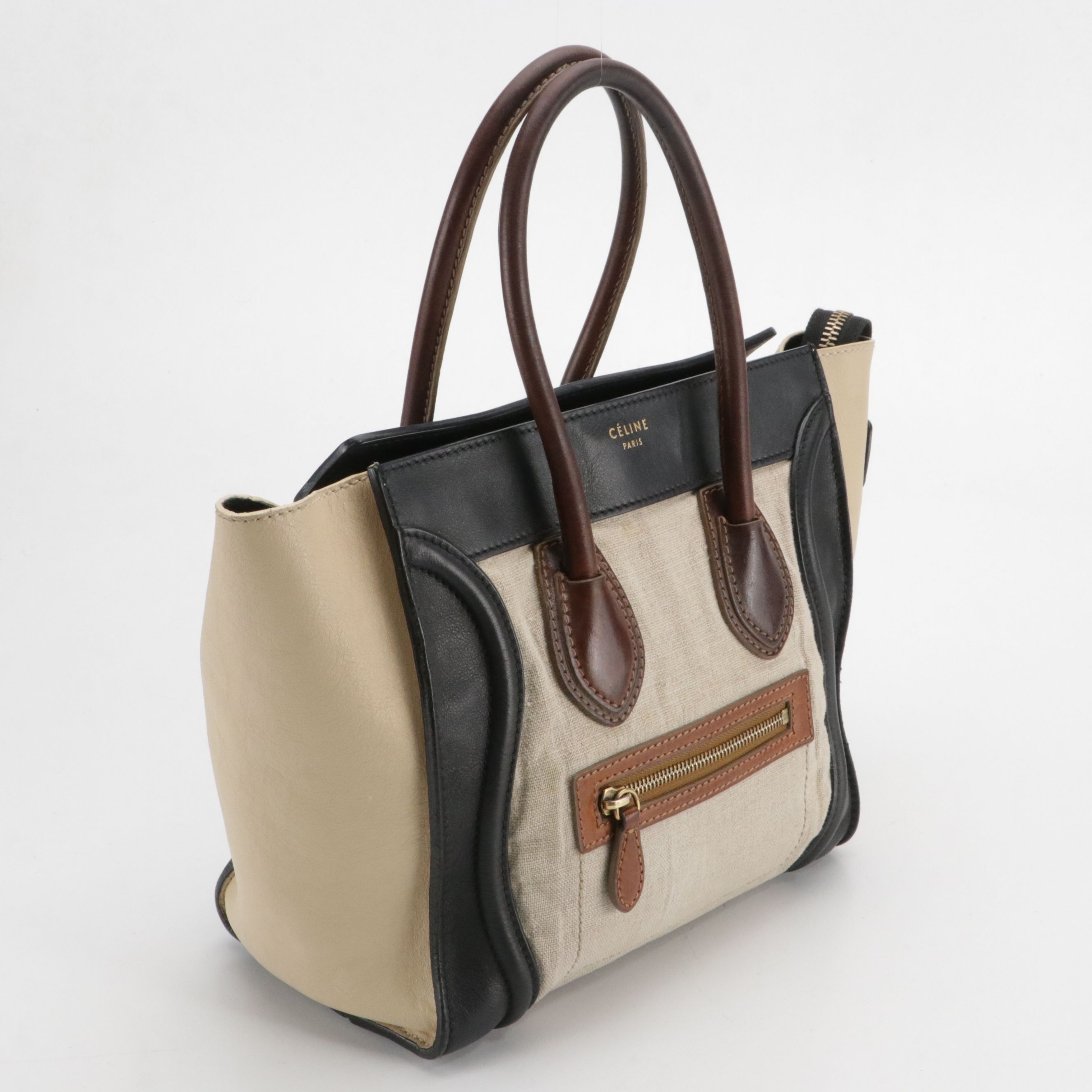 Céline Micro Luggage Tote Bag in Bicolor Calfskin Leather and Woven Jute