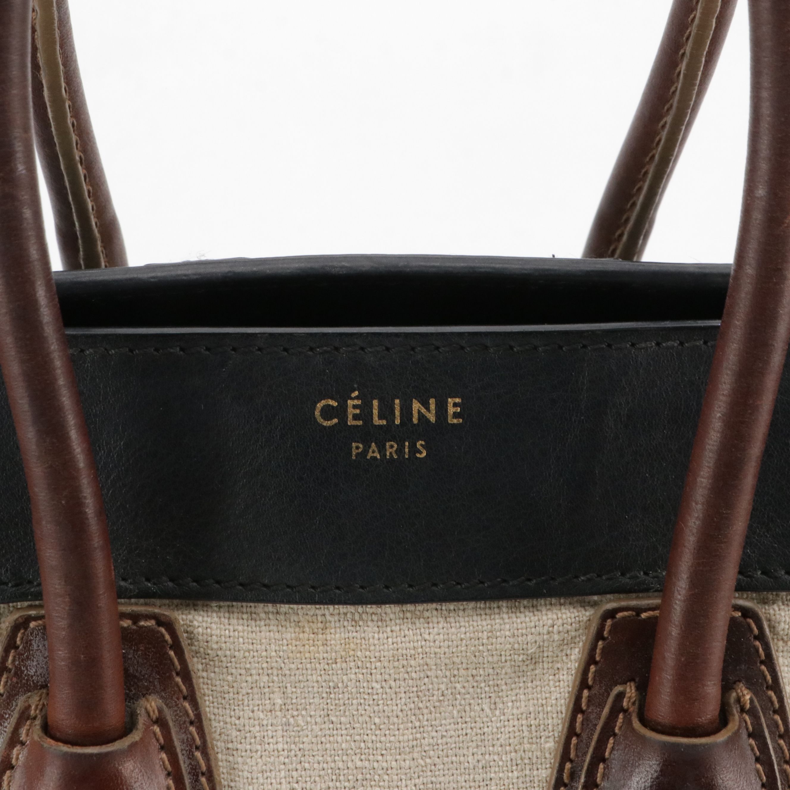 Céline Micro Luggage Tote Bag in Bicolor Calfskin Leather and Woven Jute