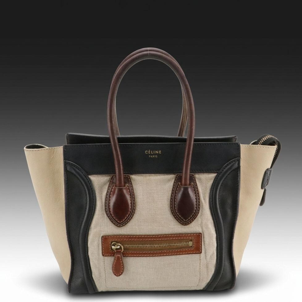 Céline Micro Luggage Tote Bag in Bicolor Calfskin Leather and Woven Jute