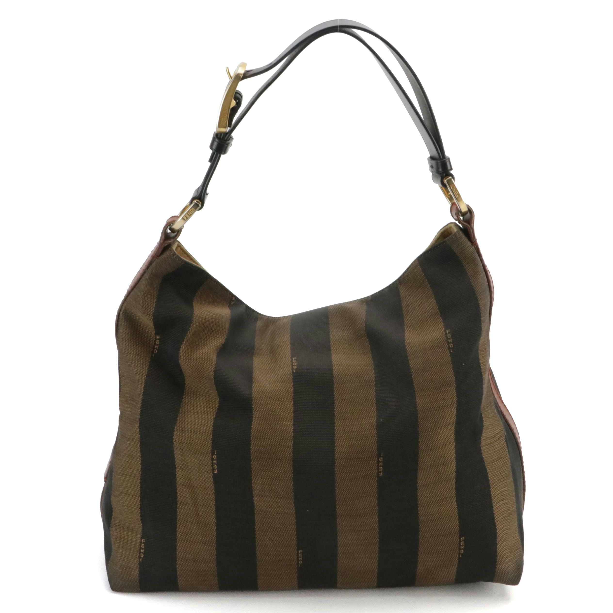 Fendi Pequin Striped Canvas and Bicolor Leather Hobo Shoulder Bag