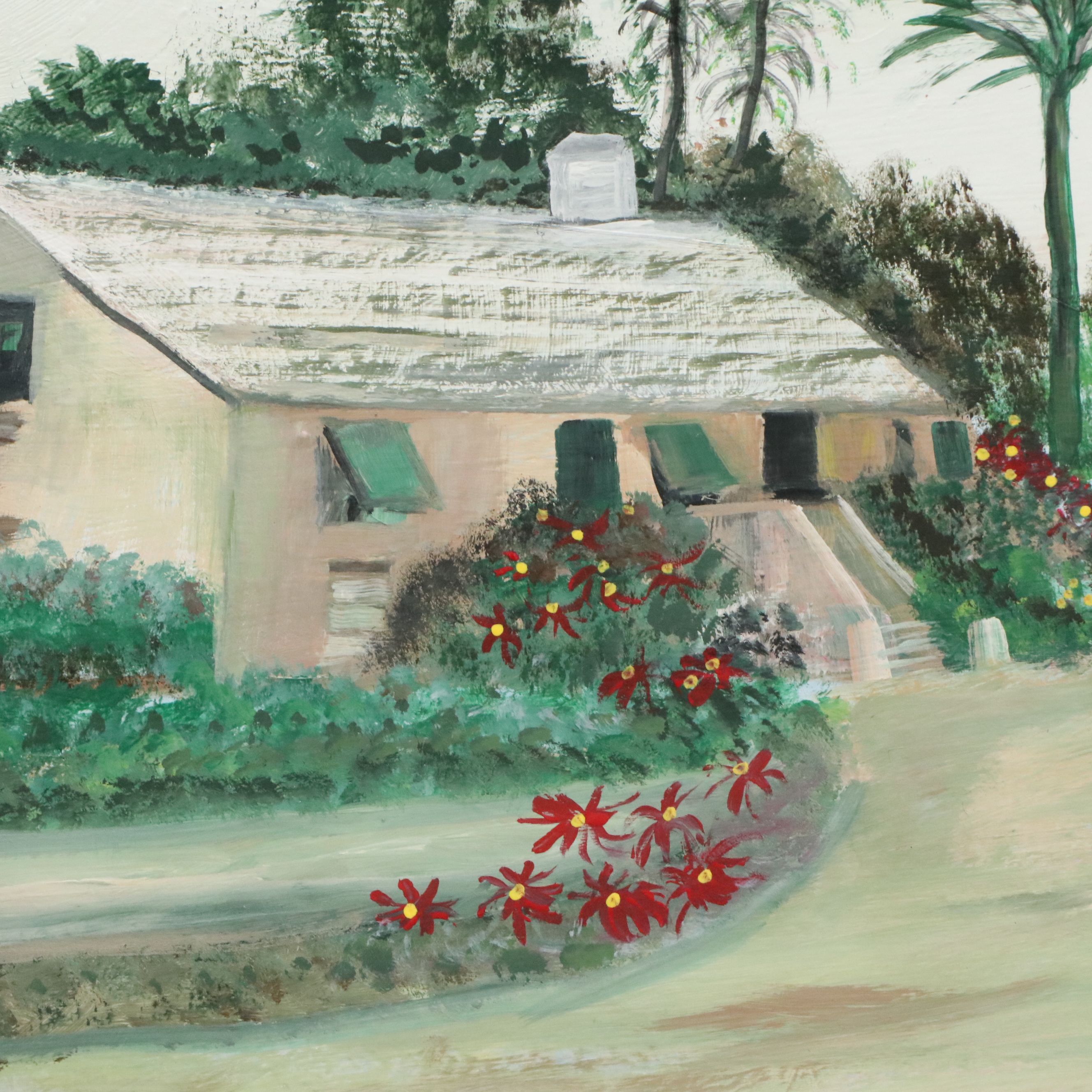 Eileen Iversen Acrylic Painting of Tropical Landscape with Dwelling, 20th C.