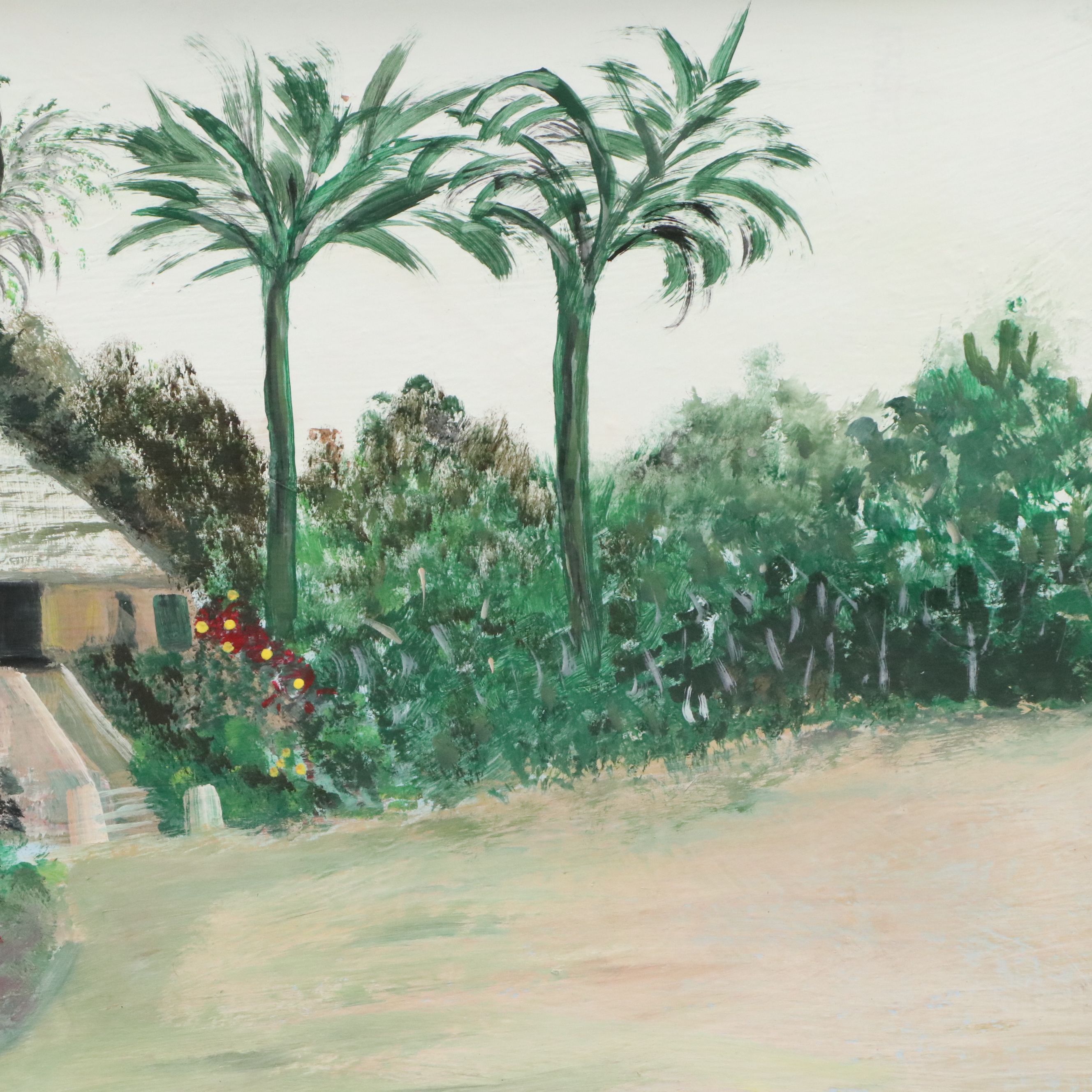 Eileen Iversen Acrylic Painting of Tropical Landscape with Dwelling, 20th C.